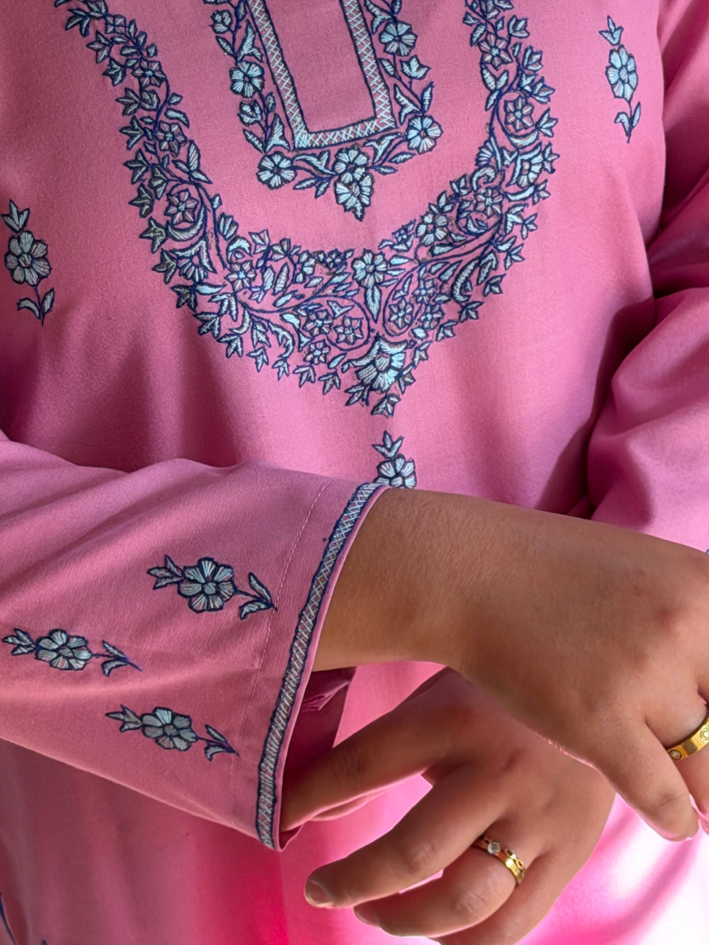 3-Piece Taffy Pink Suit with Hand Sozni Work with Extensive Royal Blue Scalping + Half Pure Dupatta