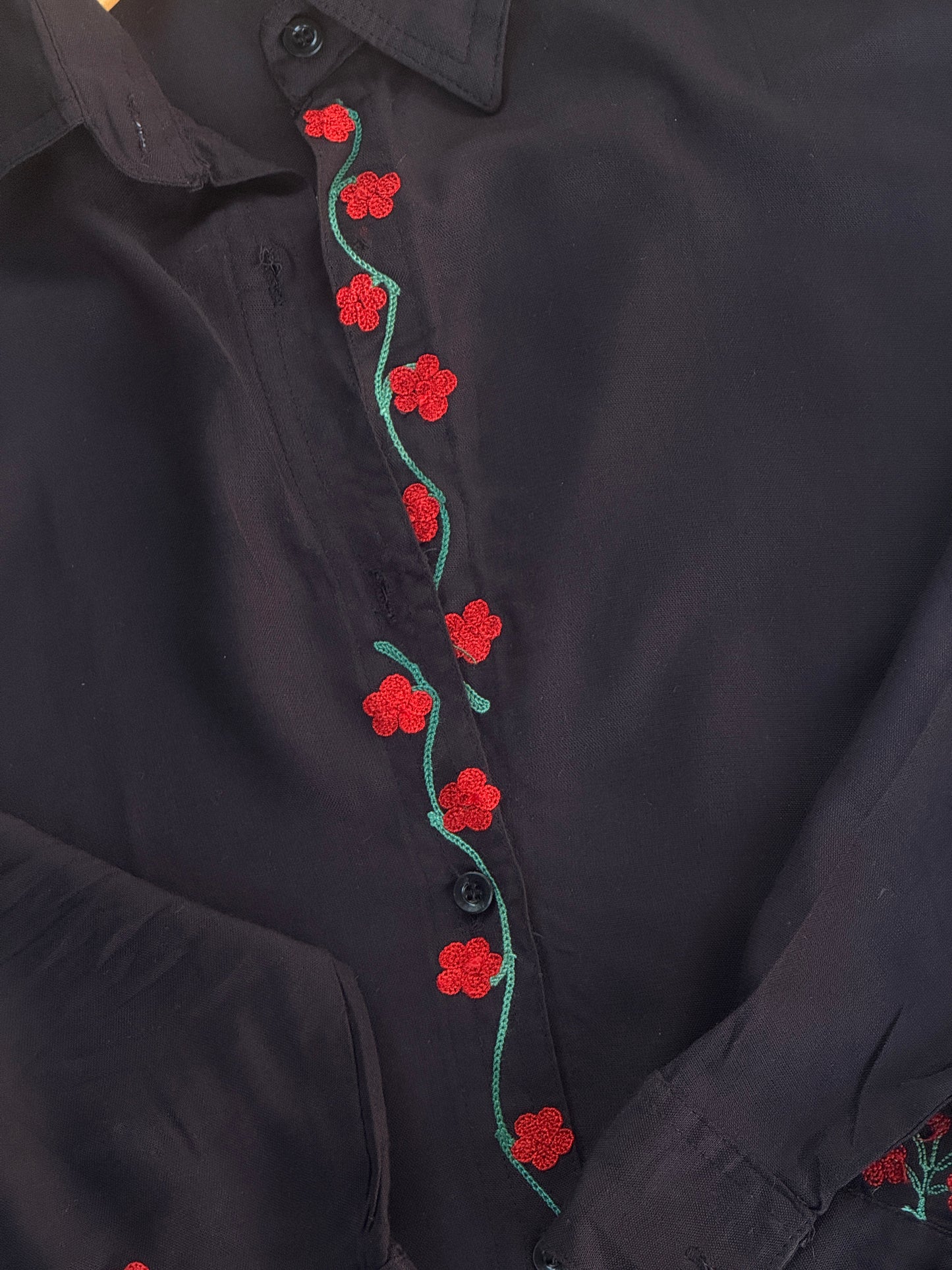 Embroidered Black Button Down Shirt with Floral Aari Embroidery