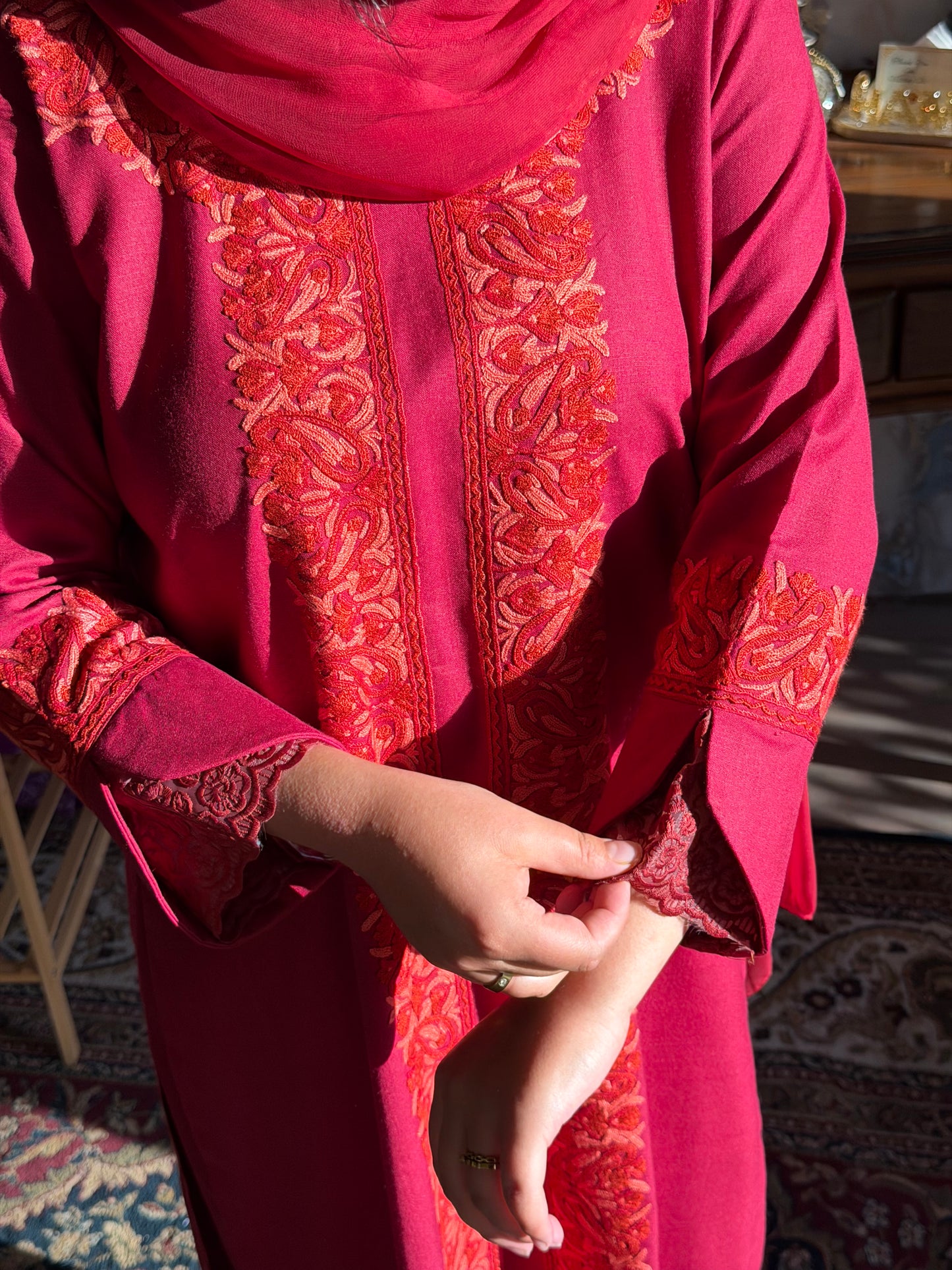 3-Piece Maroon Red Suit with Hand-Embroidered Panel Work with Laced Sleeves