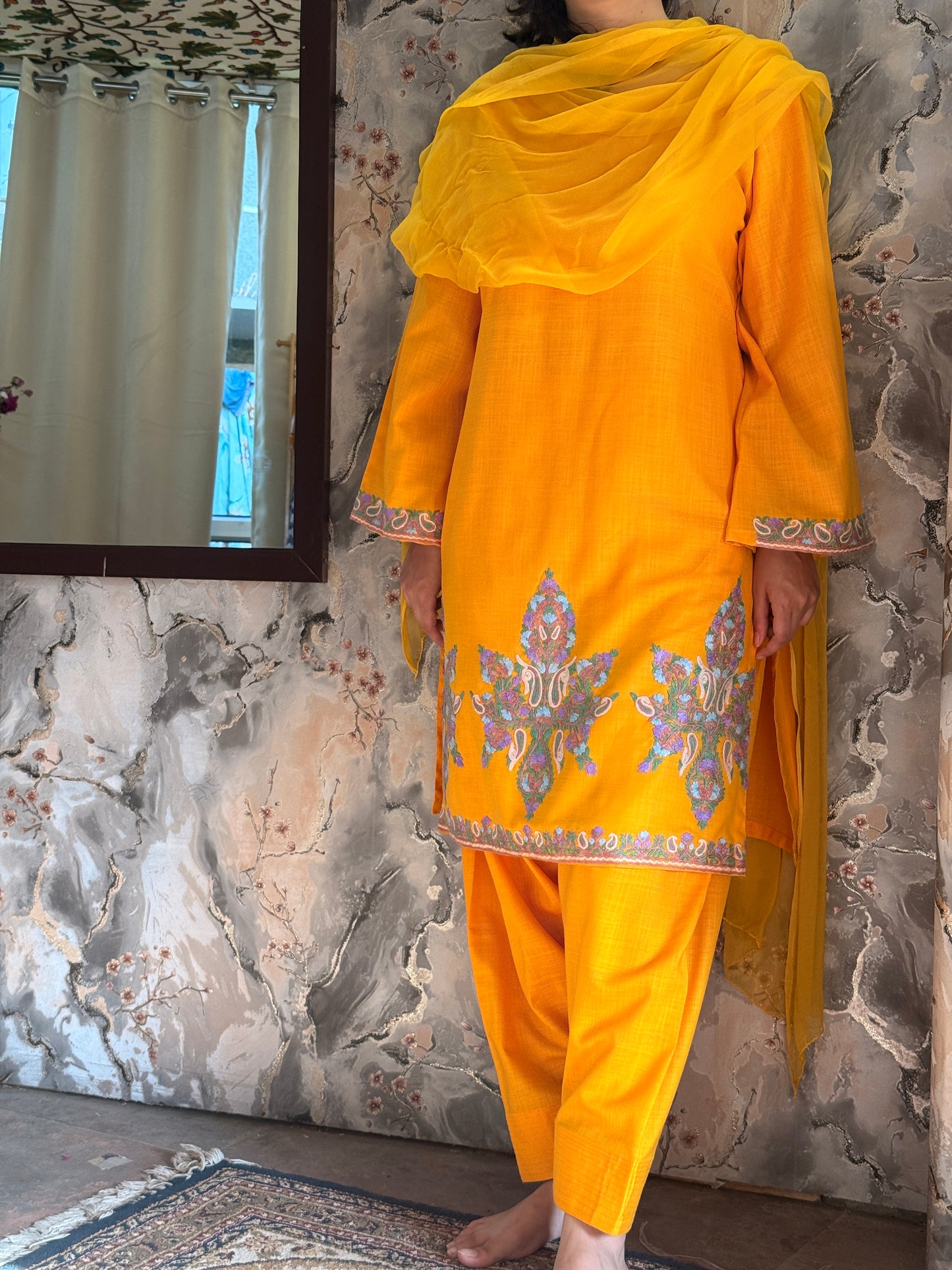 3-Piece Mango Yellow Suit with Hand-Embroidered Aari Work