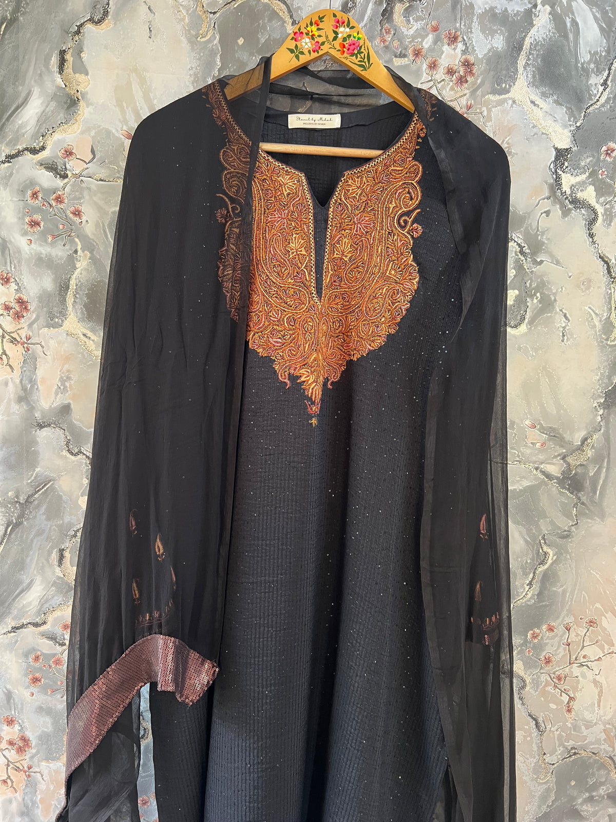 3-Piece Black Sequin Ensemble with Hand Sozni Embroidery & Matching Brown Sequin Lace Dupatta