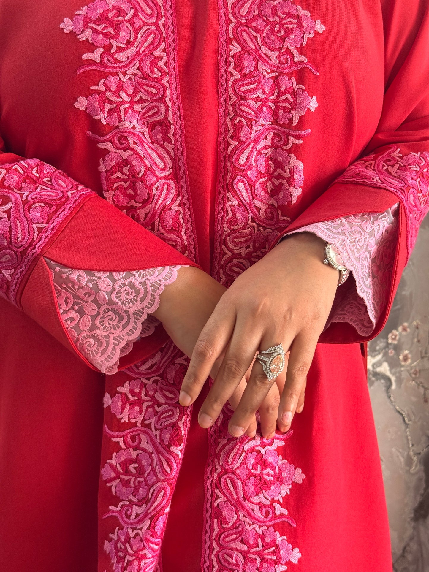 3-Piece Cherry Red Suit with Hand-Embroidered Panel Work with Laced Sleeves