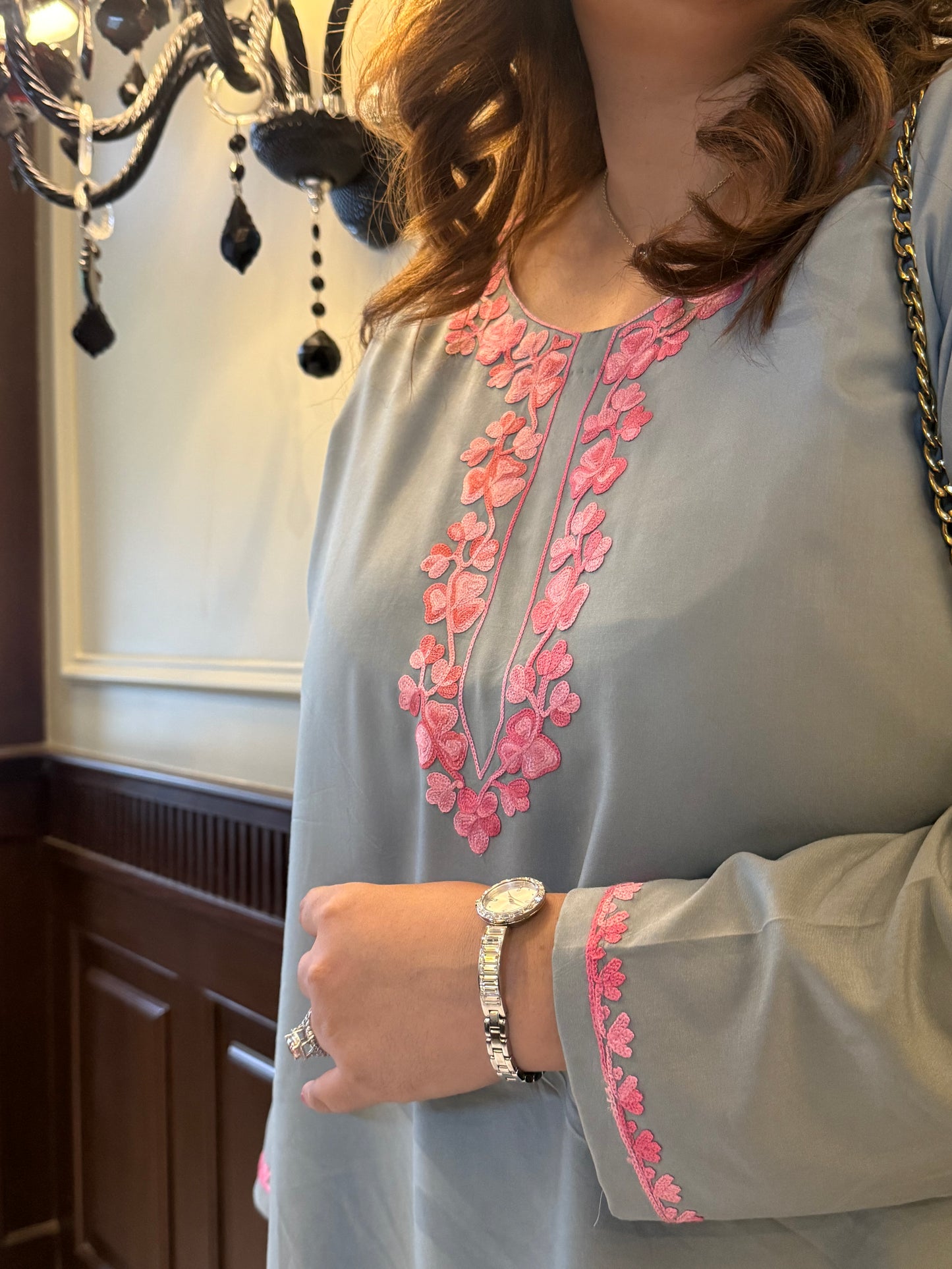 2-Piece Grey with Pink Aari Farshi Co-Ord Set