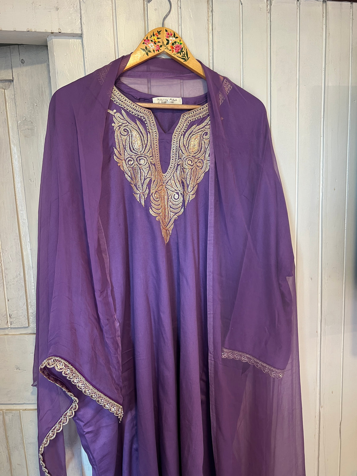 3-Piece Purple Pheran Set with Hand Tilla and Complementary Lace