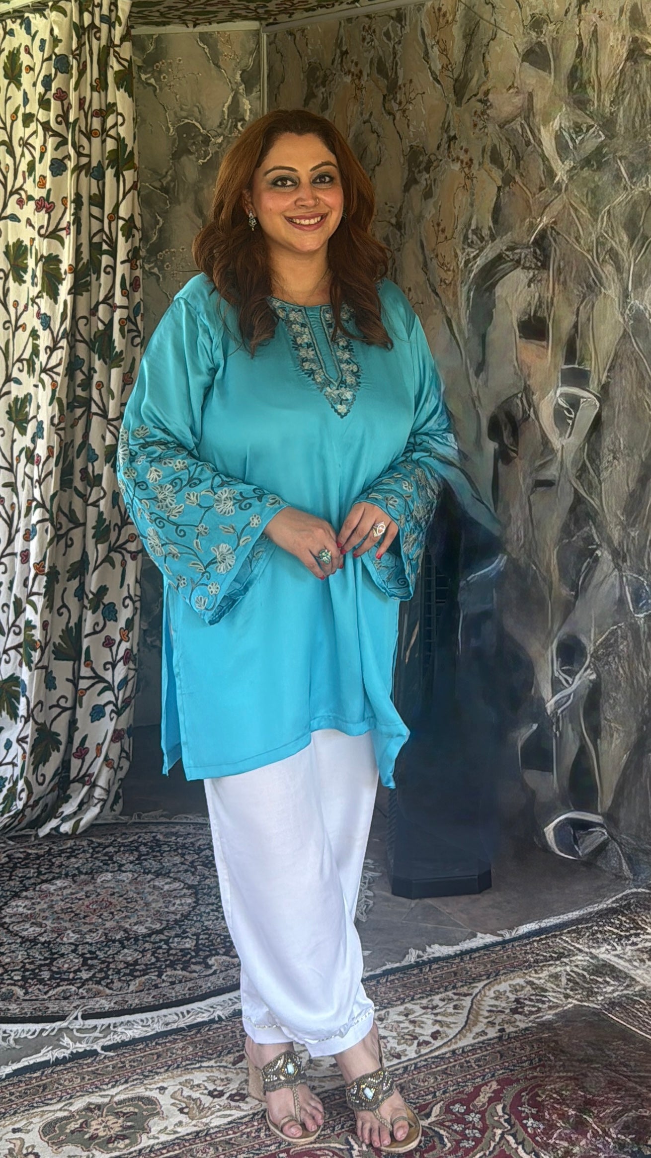 2-Piece Peacock Blue Co-Ord with Sleeve Jaali Work and White Balloon Pants