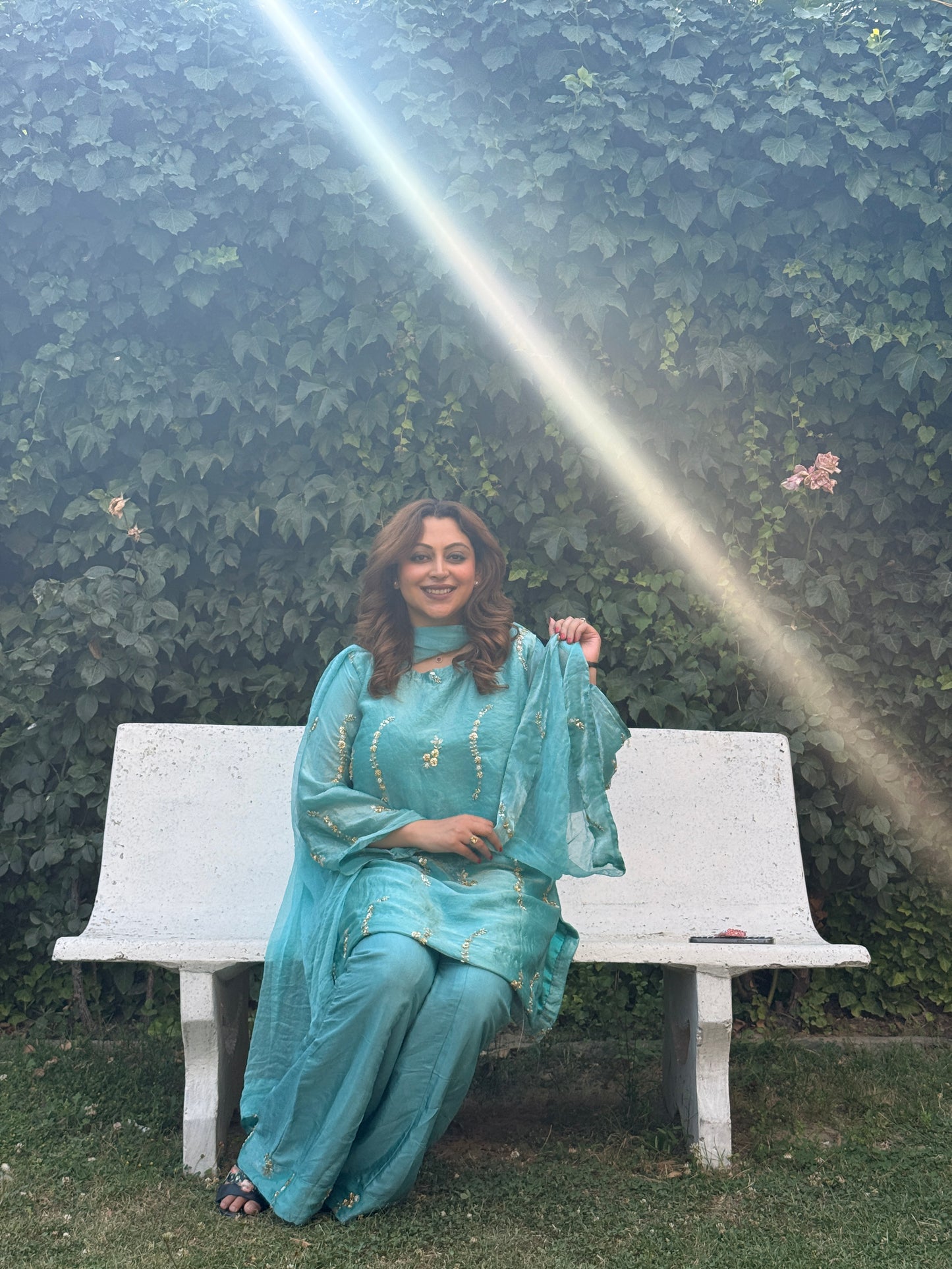 3-Piece Sea Green Cut Dana Work Set with Flared Pants