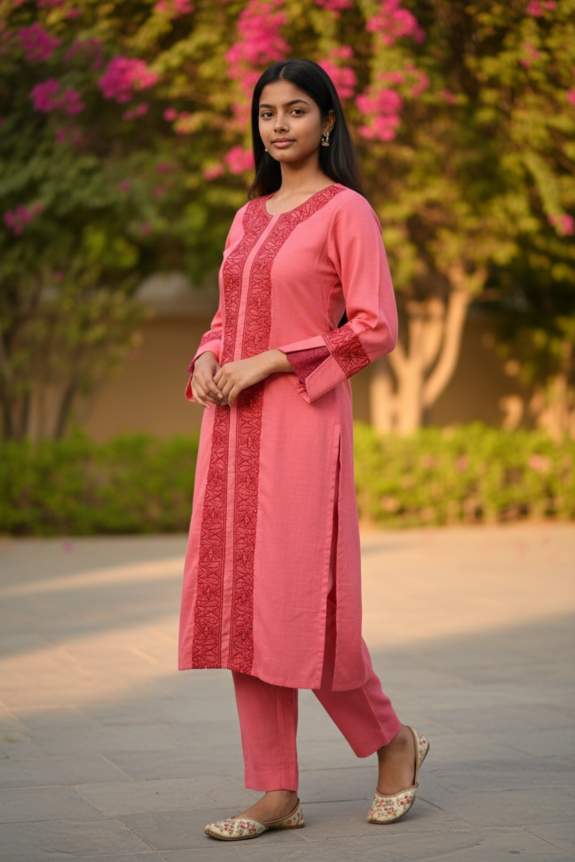 3-Piece Salmon Pink Suit with Hand-Embroidered Panel Work with Laced Sleeves