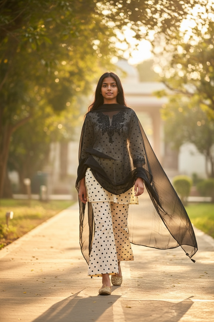 3-Piece Butter Yellow Polka Dot Aari Co-Ord Set