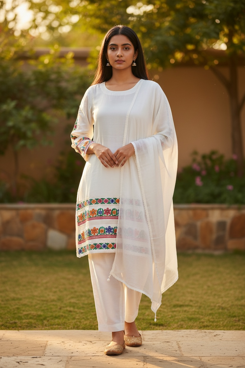 3-Piece White Suit with Hand-Embroidered Aari & Cutwork with Pearl and Buttoned Sleeves