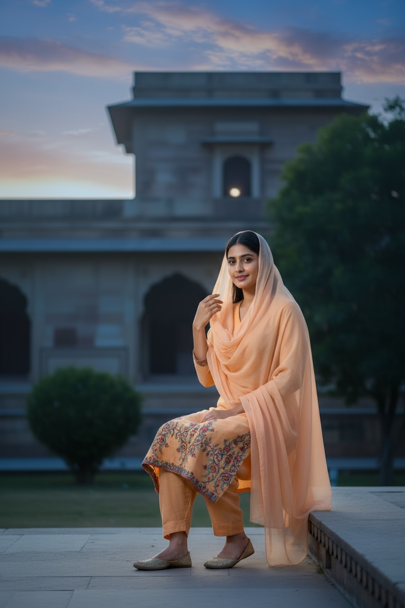 3-Piece Coral Orange Suit with Hand-Embroidered Aari Work