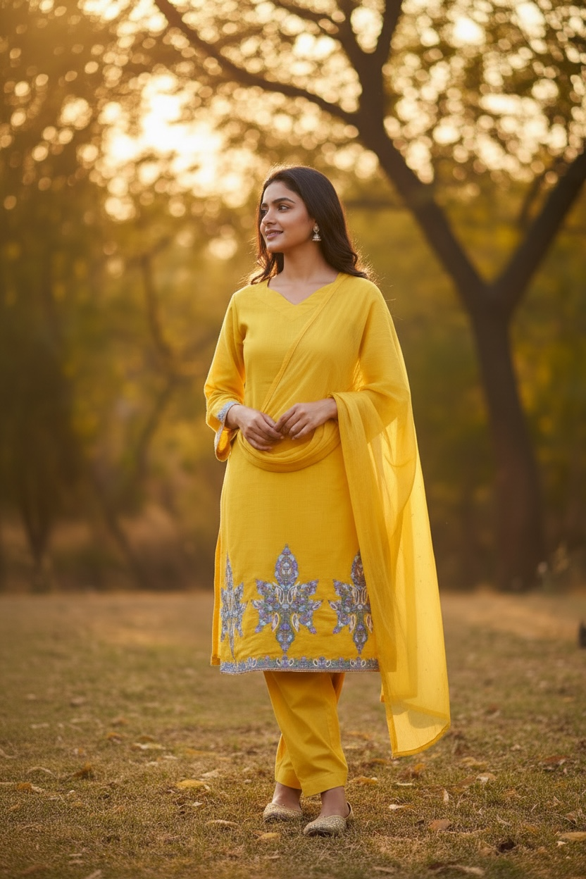 3-Piece Mango Yellow Suit with Hand-Embroidered Aari Work
