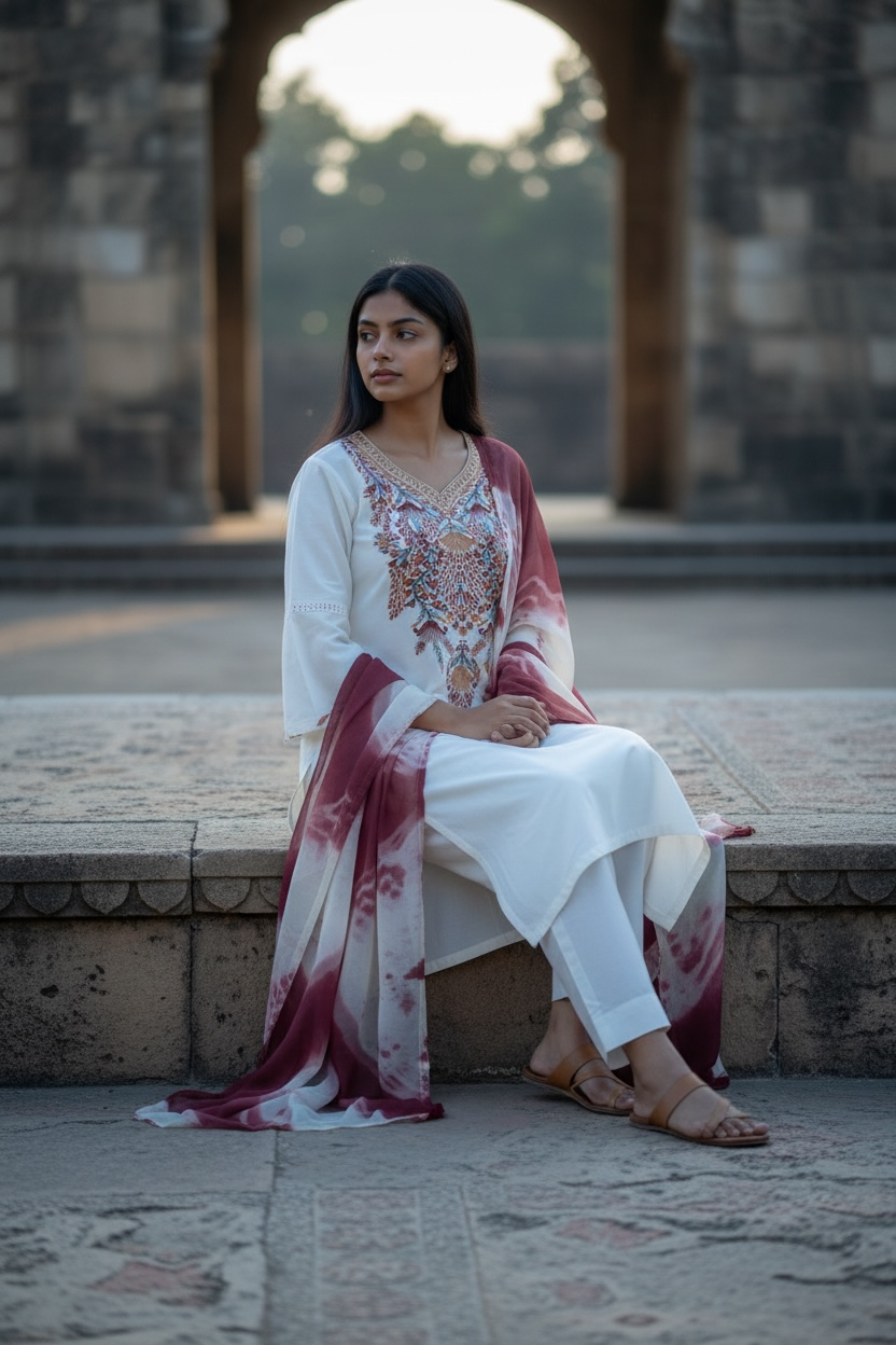 3-Piece Off White and Maroon Suit with Hand-Embroidered Aari Bodice