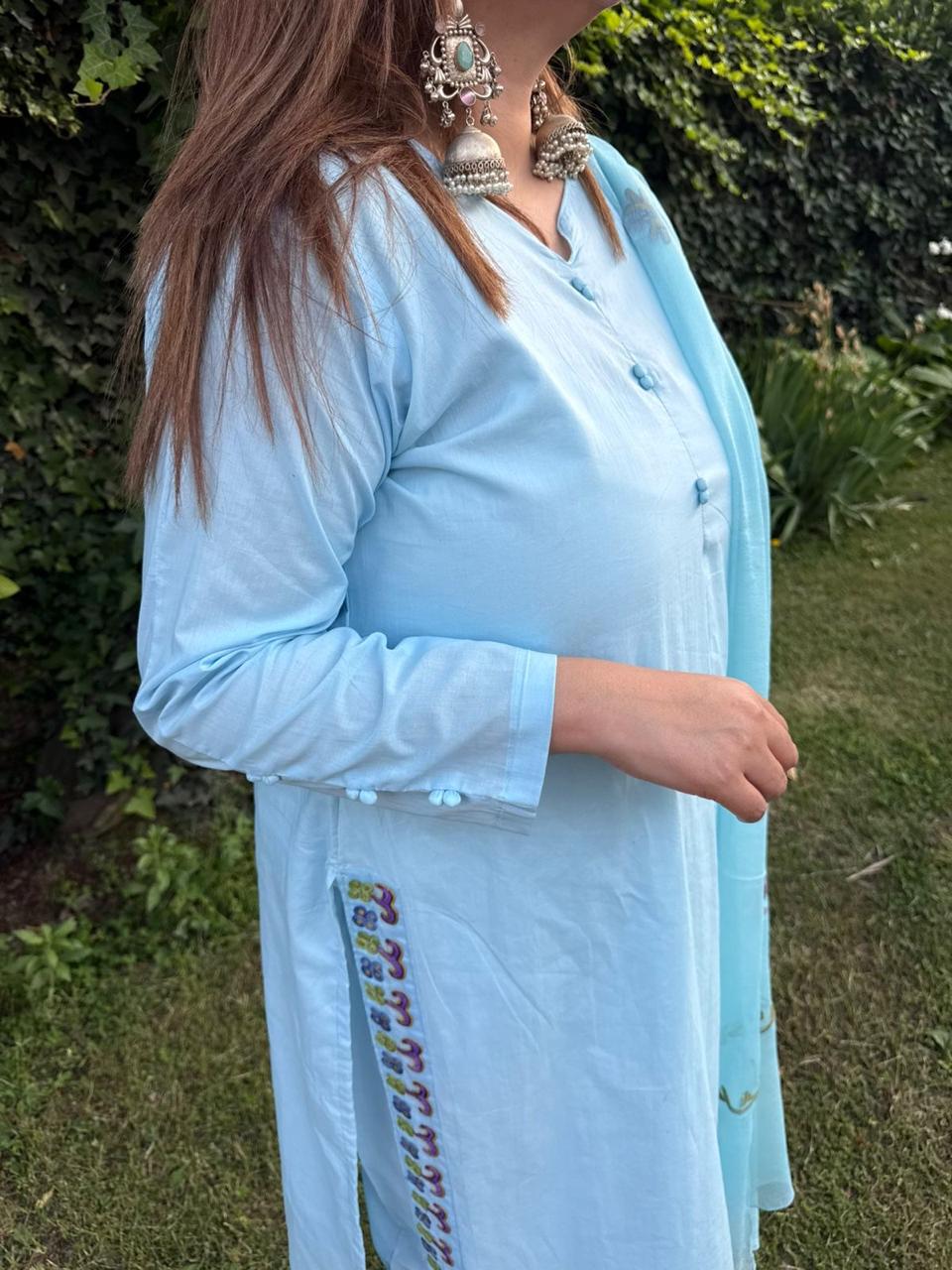 3-Piece Ice Blue Embroidered Organza Panel Work Suit with Button Detailing