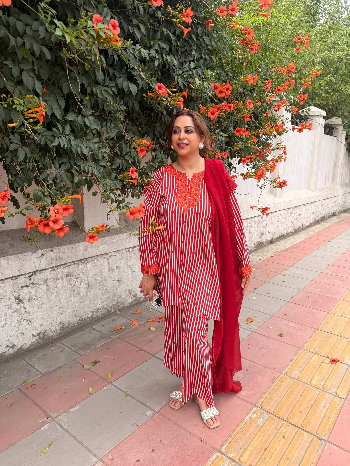 3-Piece Maroon, White and Orange Heart Aari Co-Ord Set with Maroon Aari