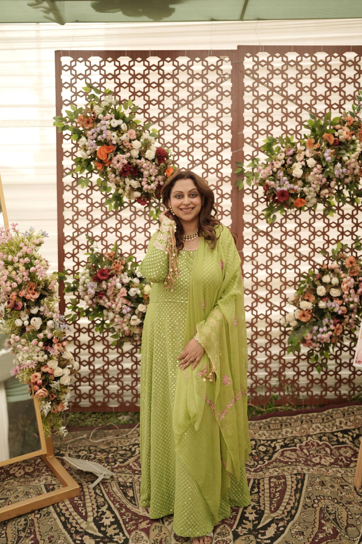 3-Piece Green Mirrorwork Anarkali with Dangling Tassles and Aari Work Dupatta