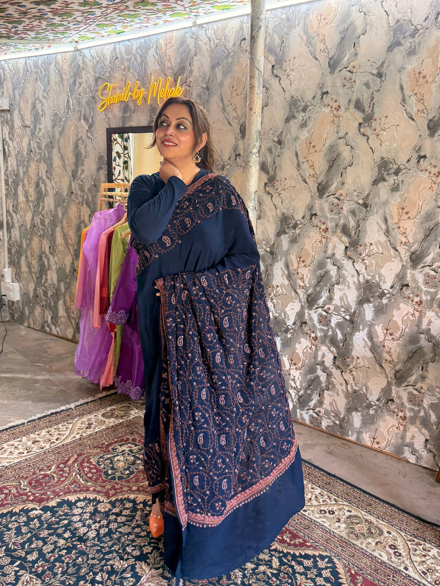 Navy Blue Crepe Saree with Hand Sozni Work with Sozni Embroidered Blouse