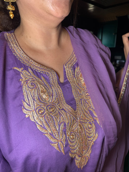 3-Piece Purple Pheran Set with Hand Tilla and Complementary Lace