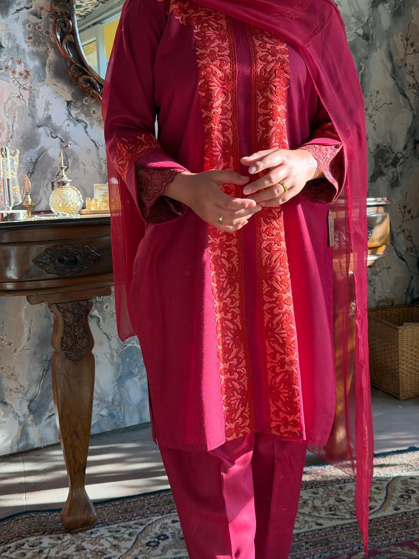 3-Piece Maroon Red Suit with Hand-Embroidered Panel Work with Laced Sleeves
