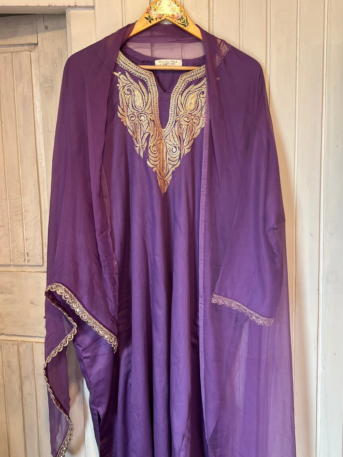 3-Piece Purple Pheran Set with Hand Tilla and Complementary Lace