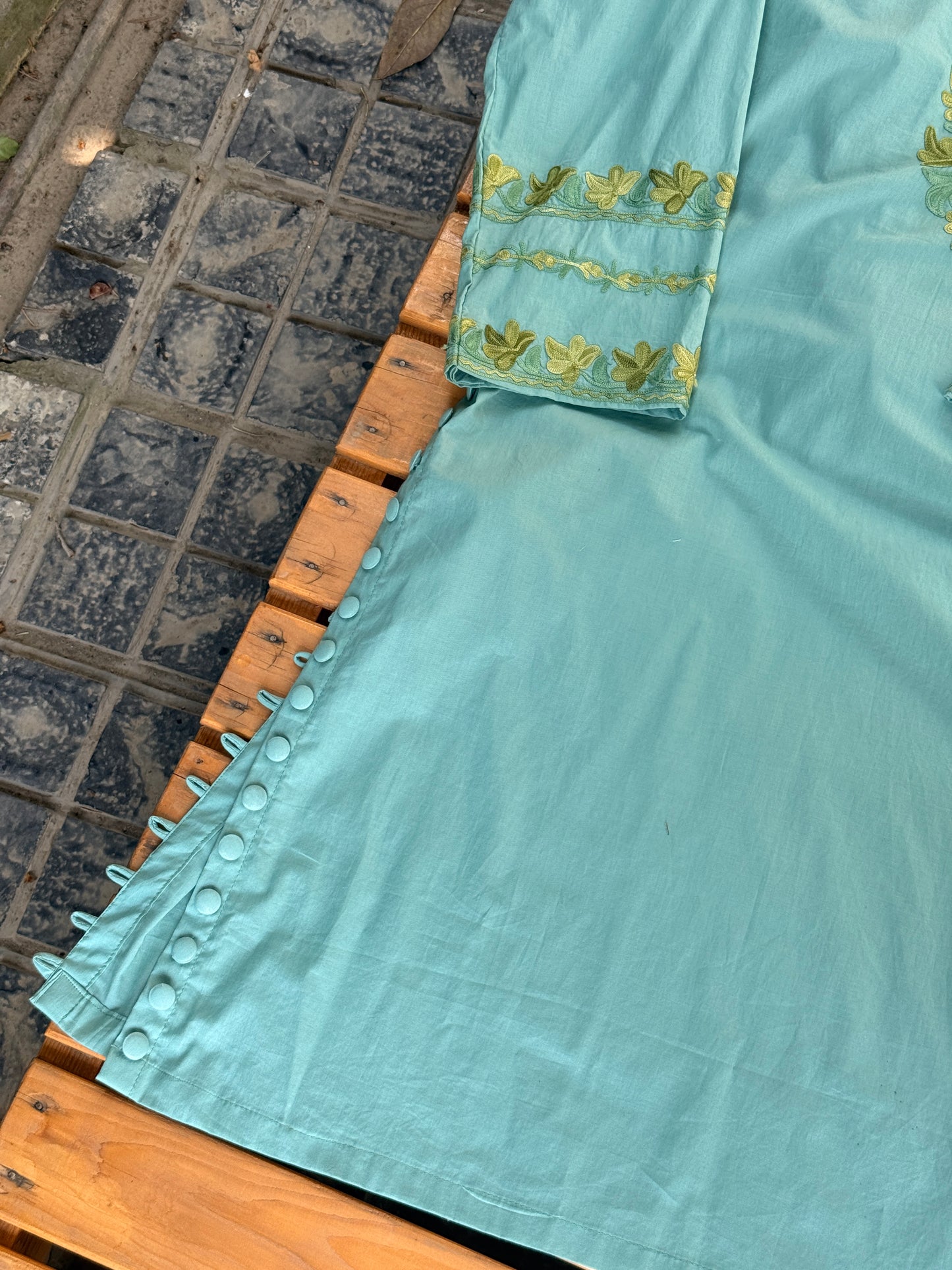 2-Piece Sage Green Aari Suit with Sleeve Panel Work & Side Slit Button Detailing