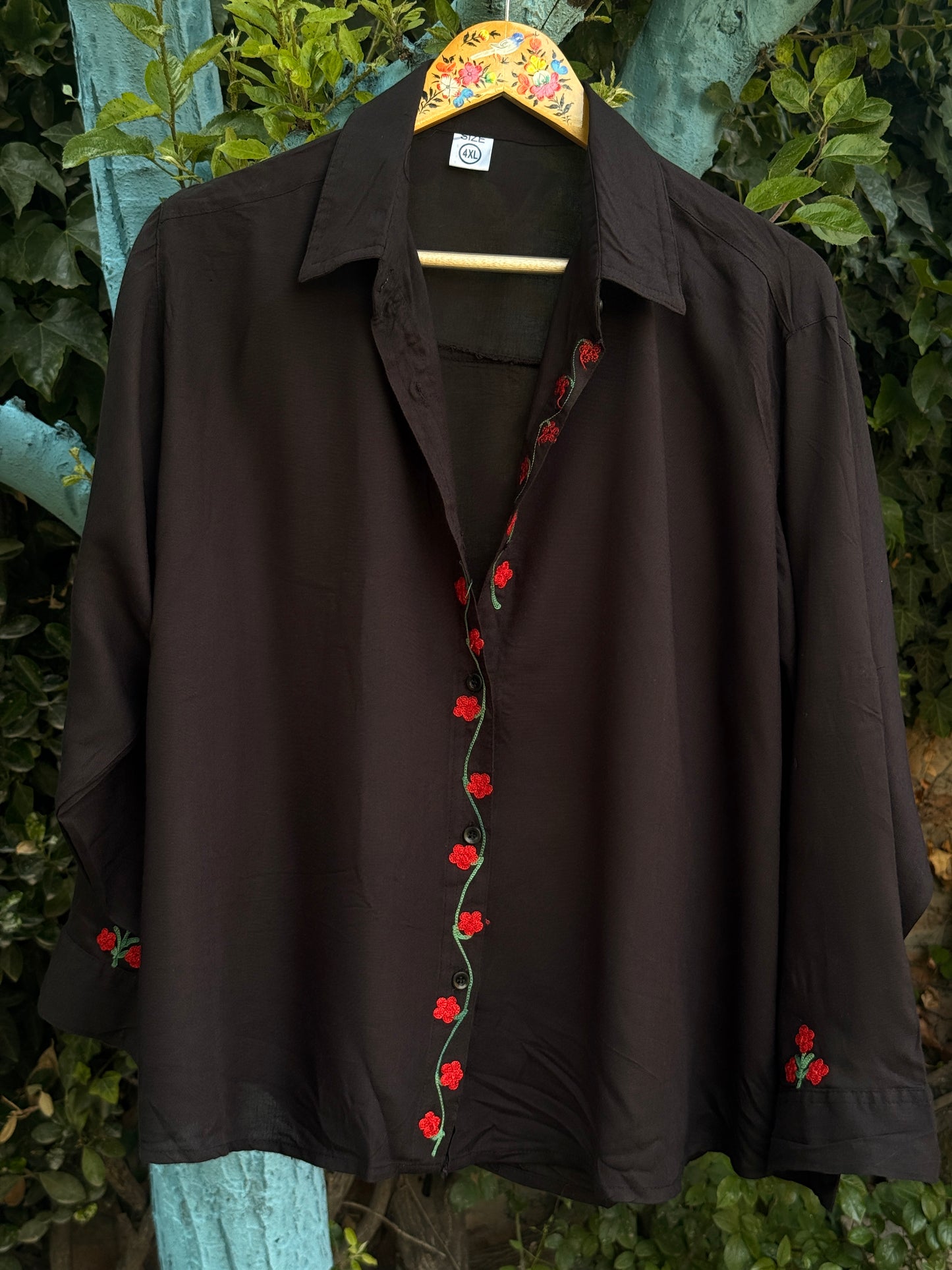 Embroidered Black Button Down Shirt with Floral Aari Embroidery