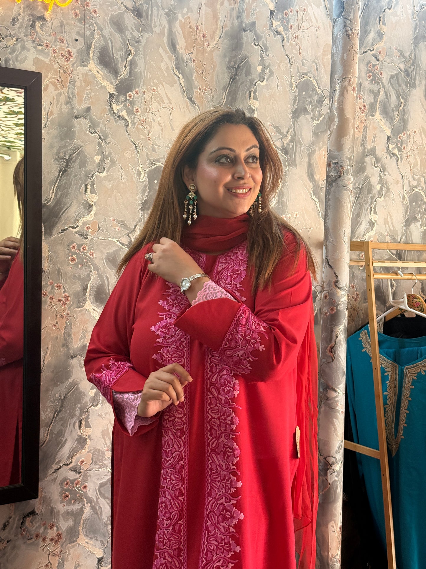 3-Piece Cherry Red Suit with Hand-Embroidered Panel Work with Laced Sleeves