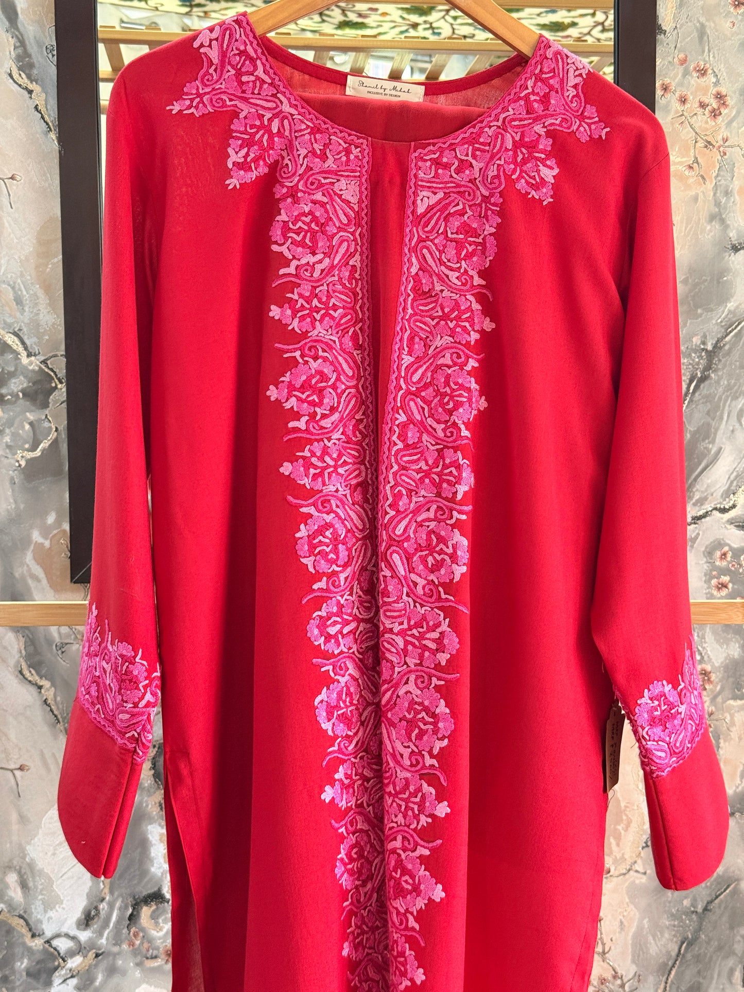 3-Piece Cherry Red Suit with Hand-Embroidered Panel Work with Laced Sleeves