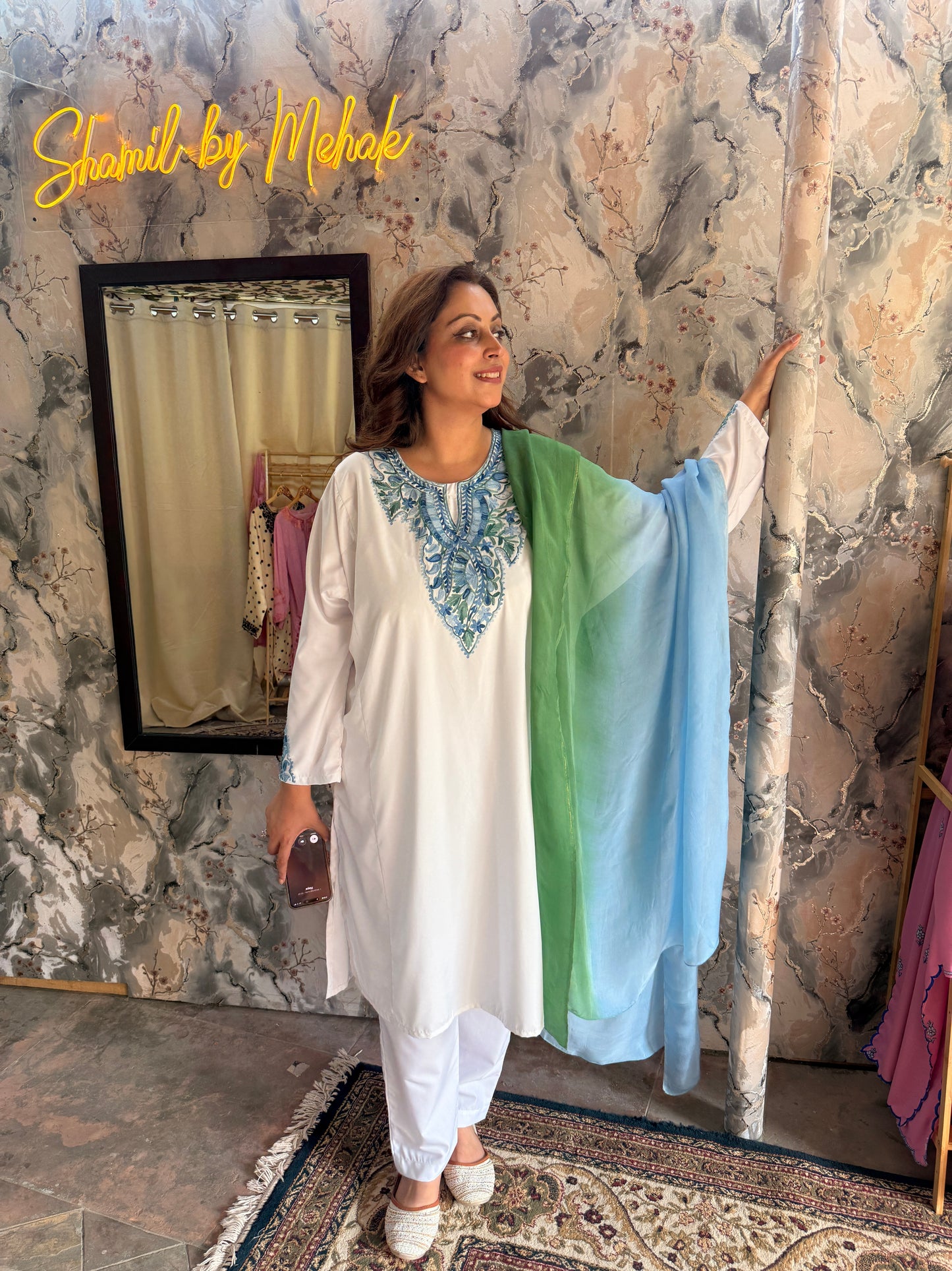 3-Piece White Summer Pheran Suit with Mint & Blue Aari Work