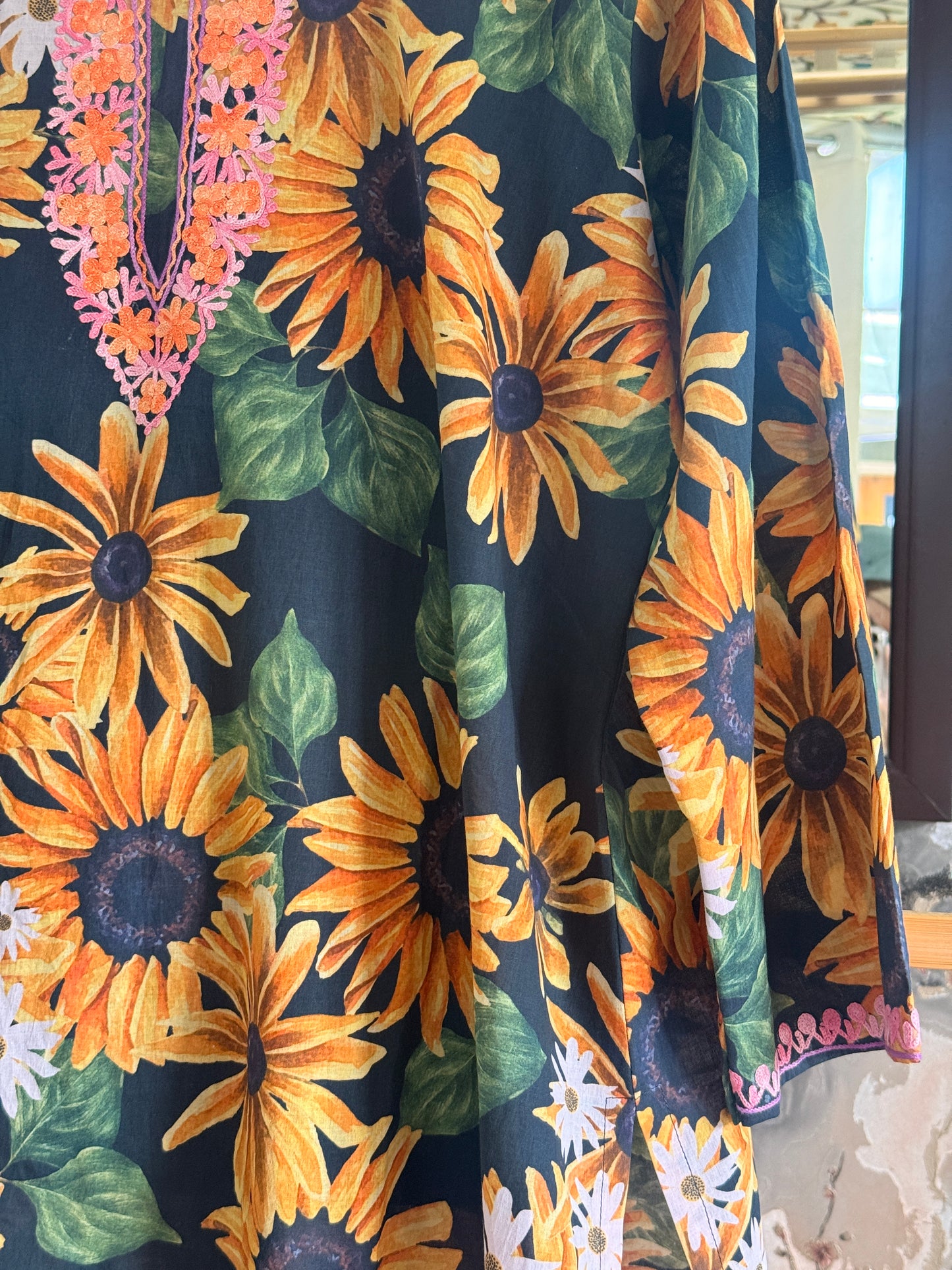 3-Piece Sunflower Printed Aari Work Suit with Black Pants and Dupatta