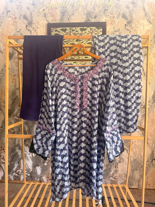 3 Piece Purple Bow Aari Co-Ord with Laced Sleeves