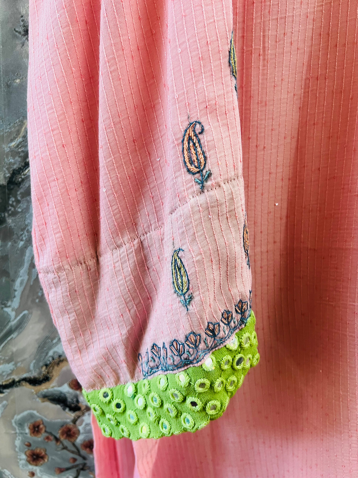 3-Piece Light Pink Sequin Ensemble with Hand Sozni Embroidery included on sleeves and pants
