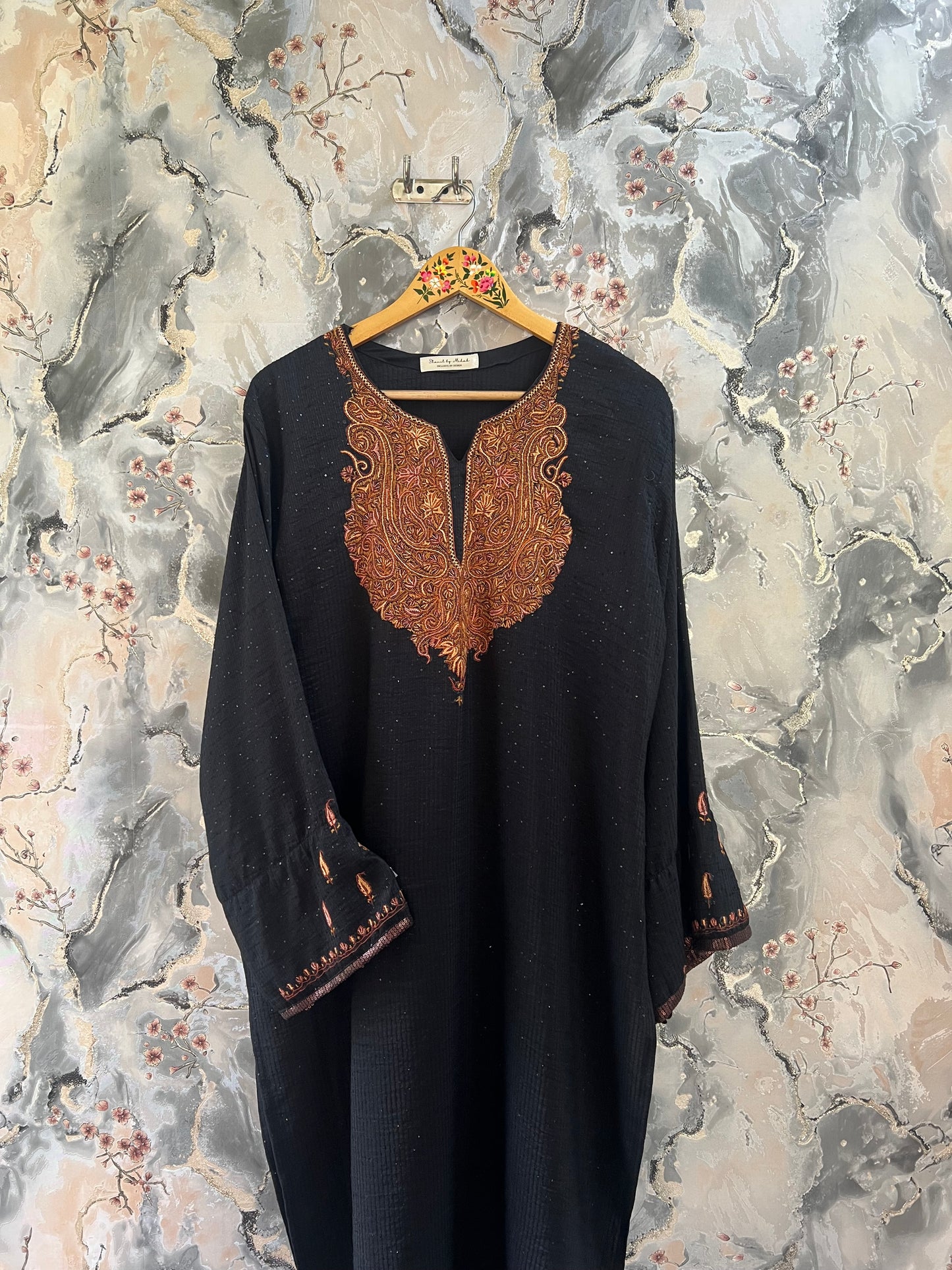 3-Piece Black Sequin Ensemble with Hand Sozni Embroidery & Matching Brown Sequin Lace Dupatta