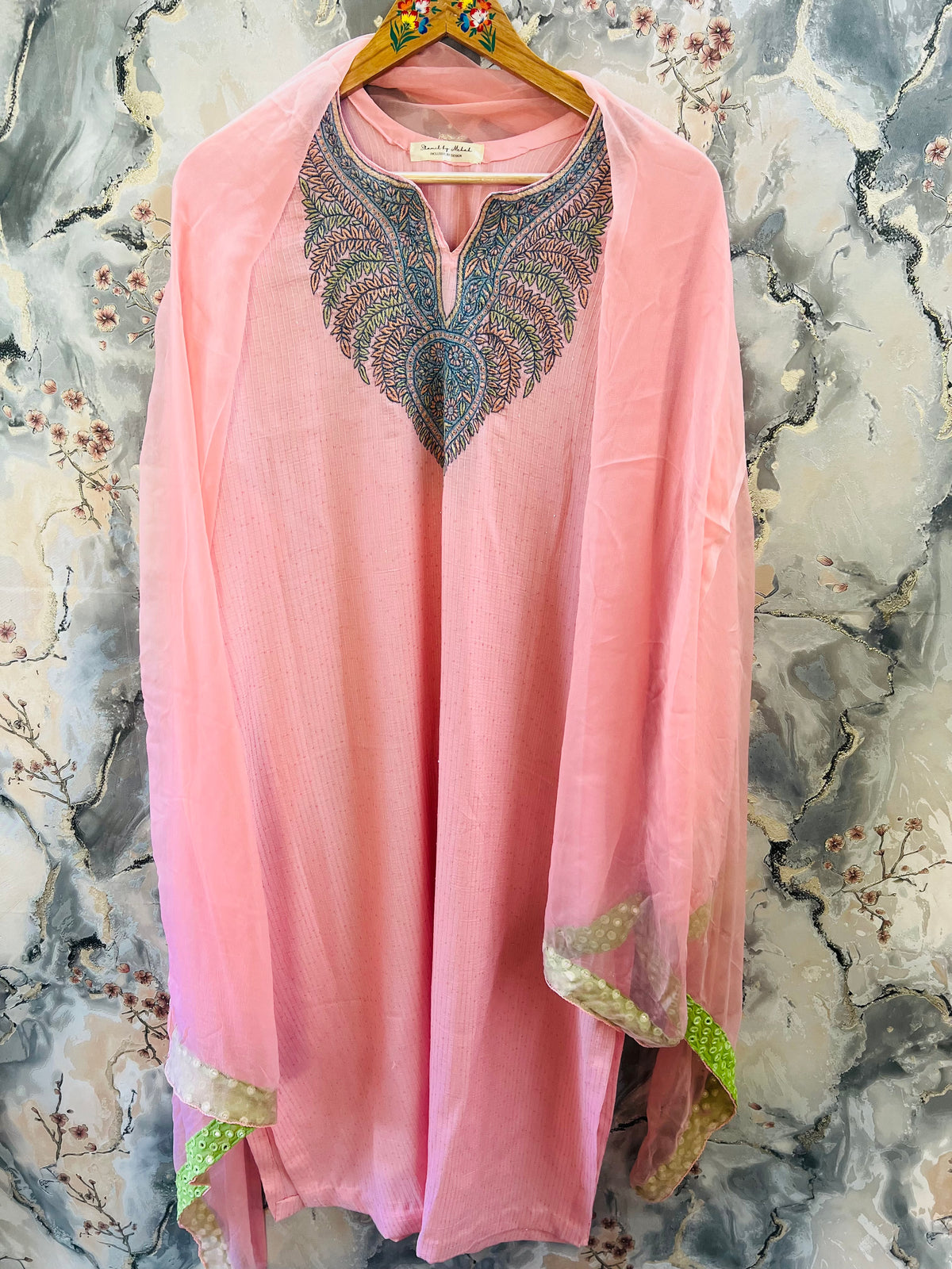 3-Piece Light Pink Sequin Ensemble with Hand Sozni Embroidery included on sleeves and pants
