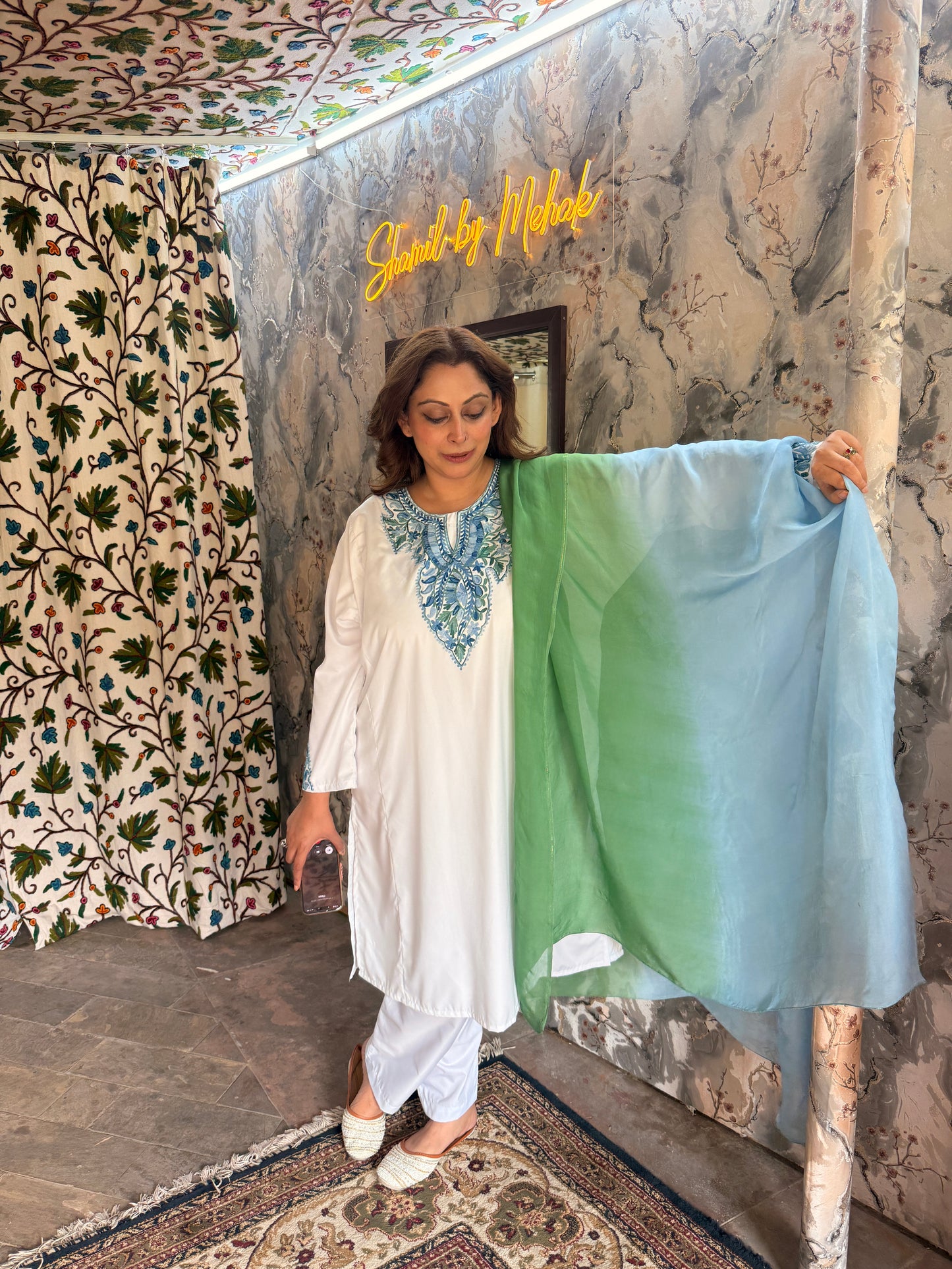 3-Piece White Summer Pheran Suit with Mint & Blue Aari Work