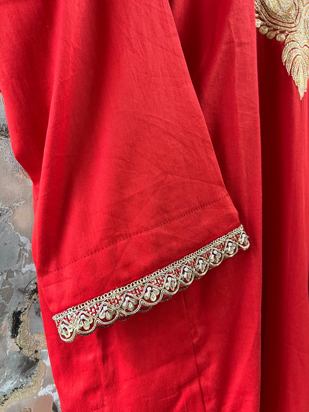 3-Piece Red Pheran Set with Hand Tilla and Complementary Lace