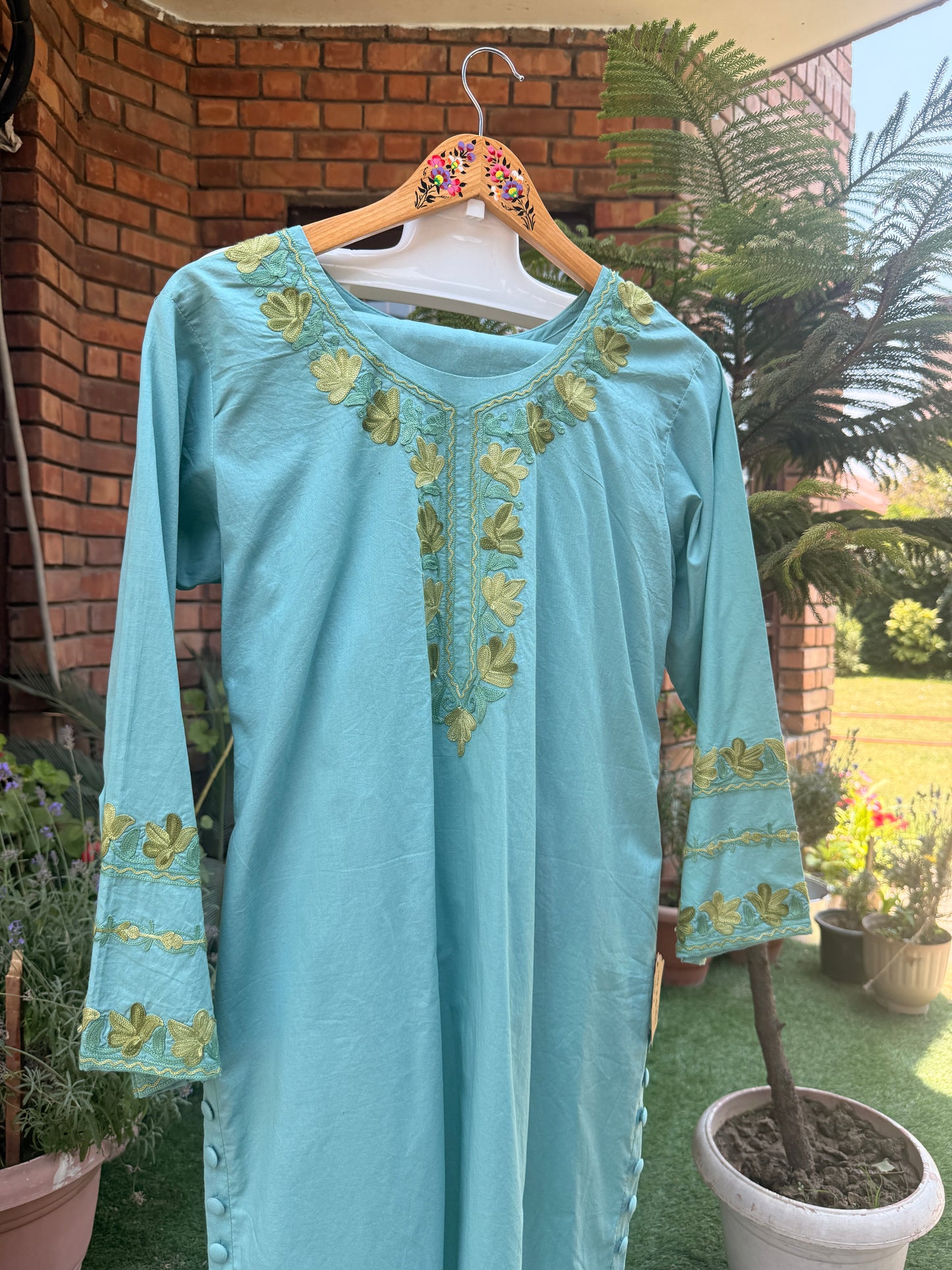 2-Piece Sage Green Aari Suit with Sleeve Panel Work & Side Slit Button Detailing