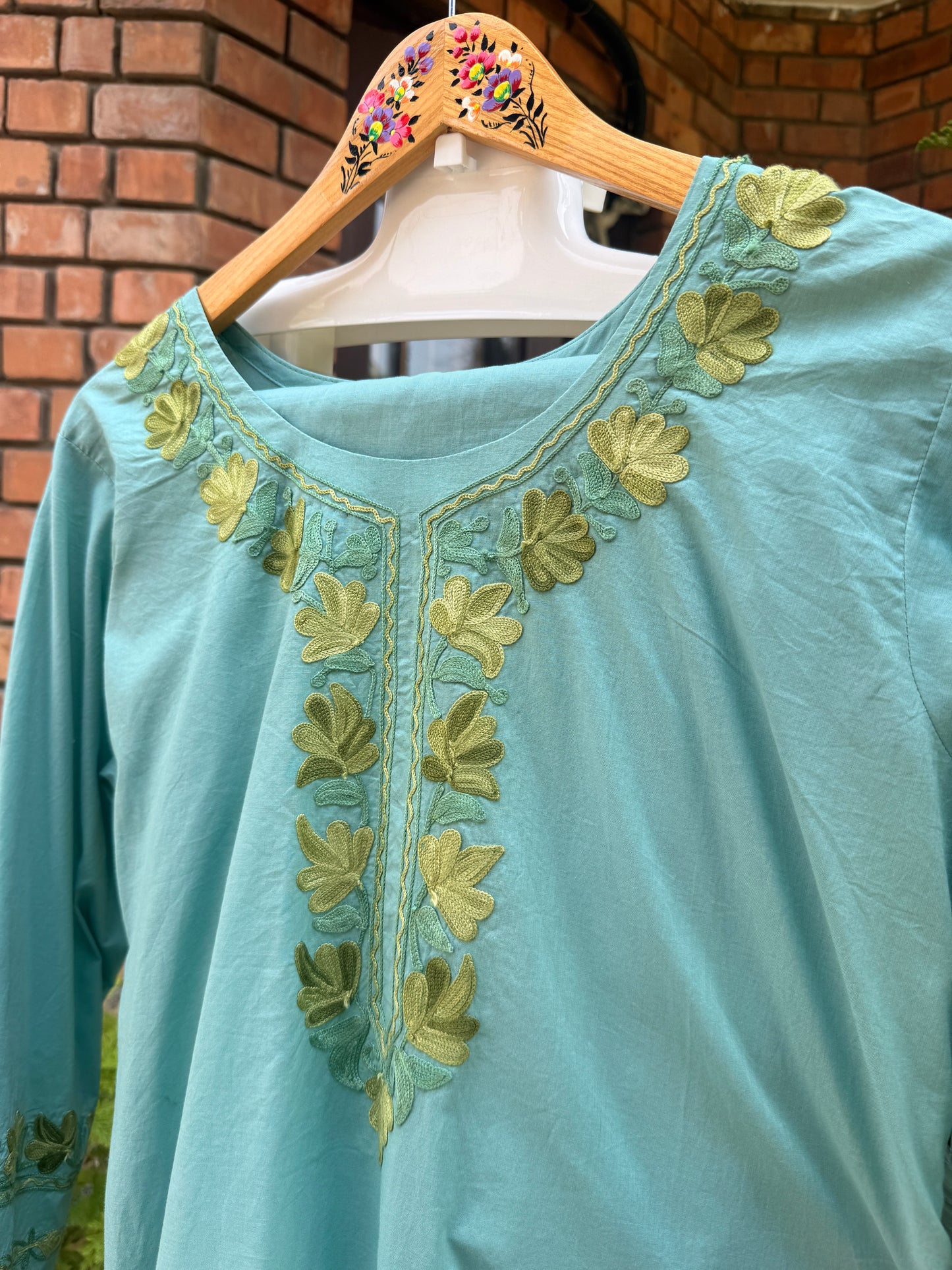 2-Piece Sage Green Aari Suit with Sleeve Panel Work & Side Slit Button Detailing