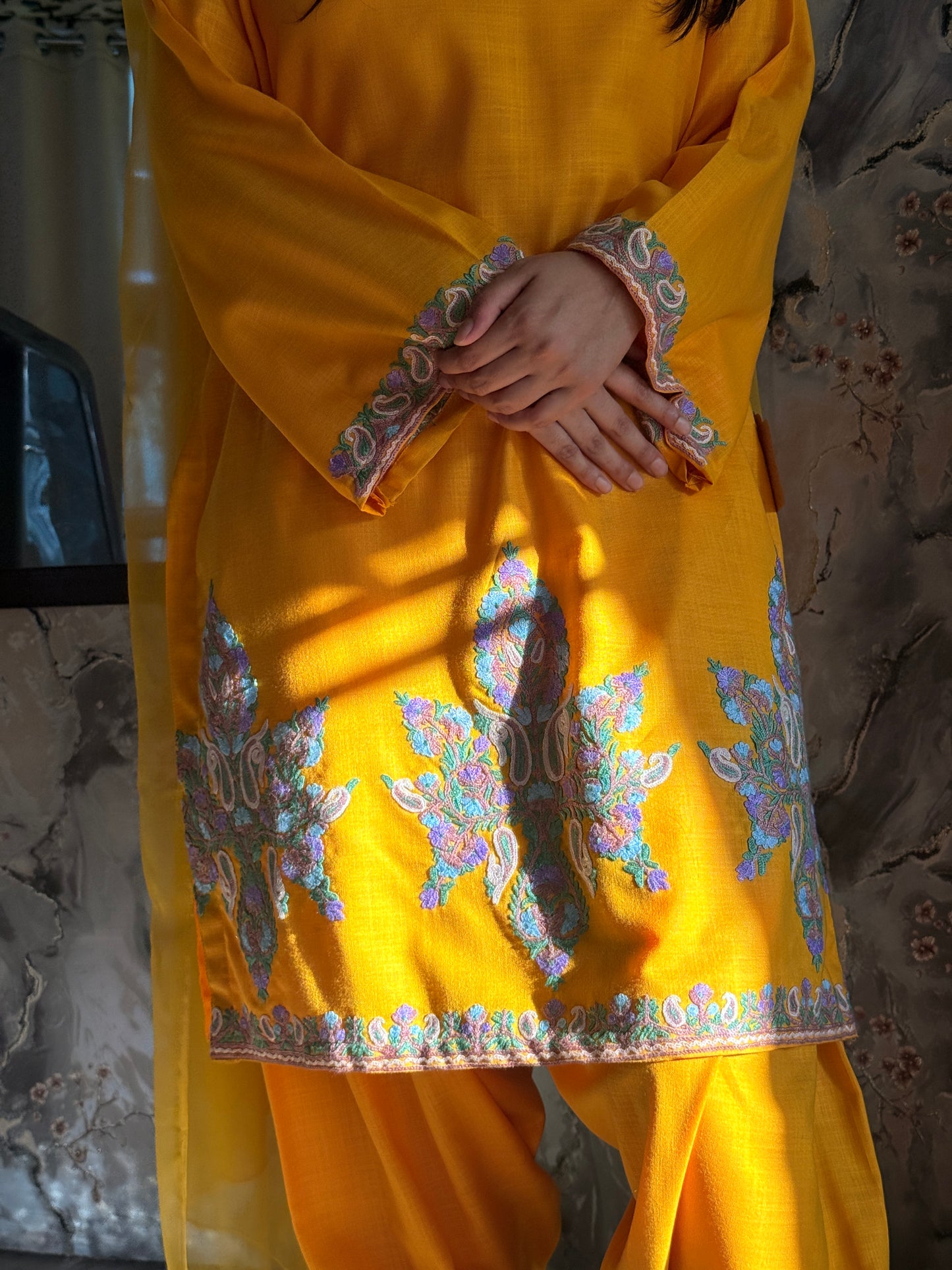 3-Piece Mango Yellow Suit with Hand-Embroidered Aari Work