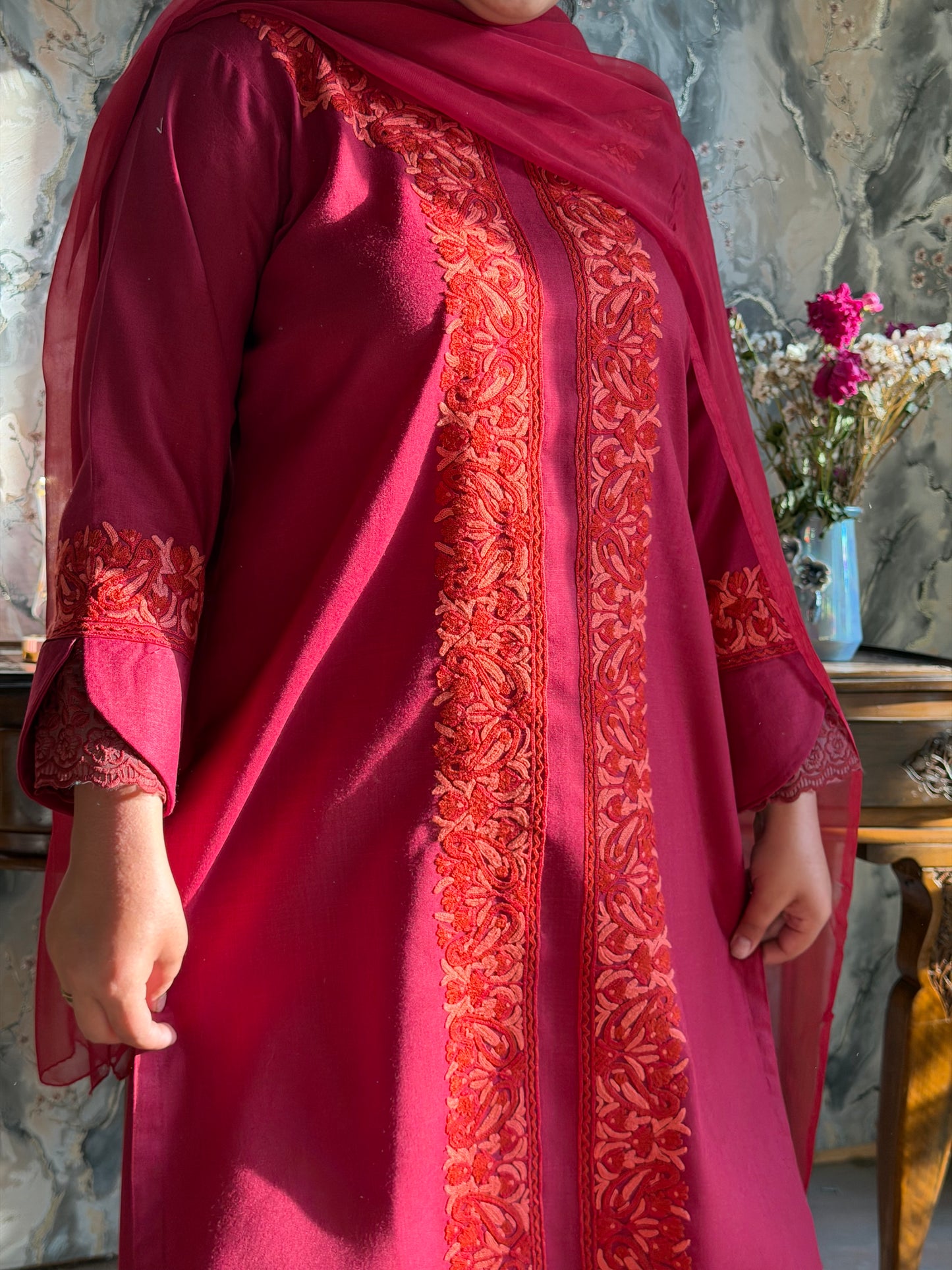 3-Piece Maroon Red Suit with Hand-Embroidered Panel Work with Laced Sleeves