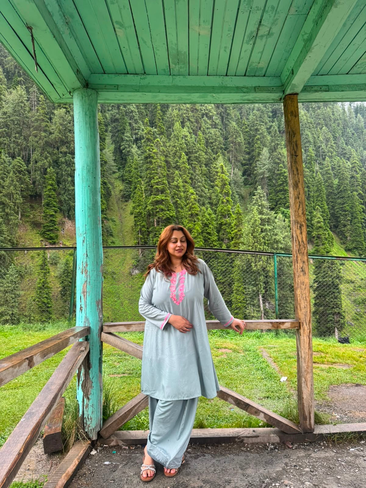 2-Piece Grey with Pink Aari Farshi Co-Ord Set