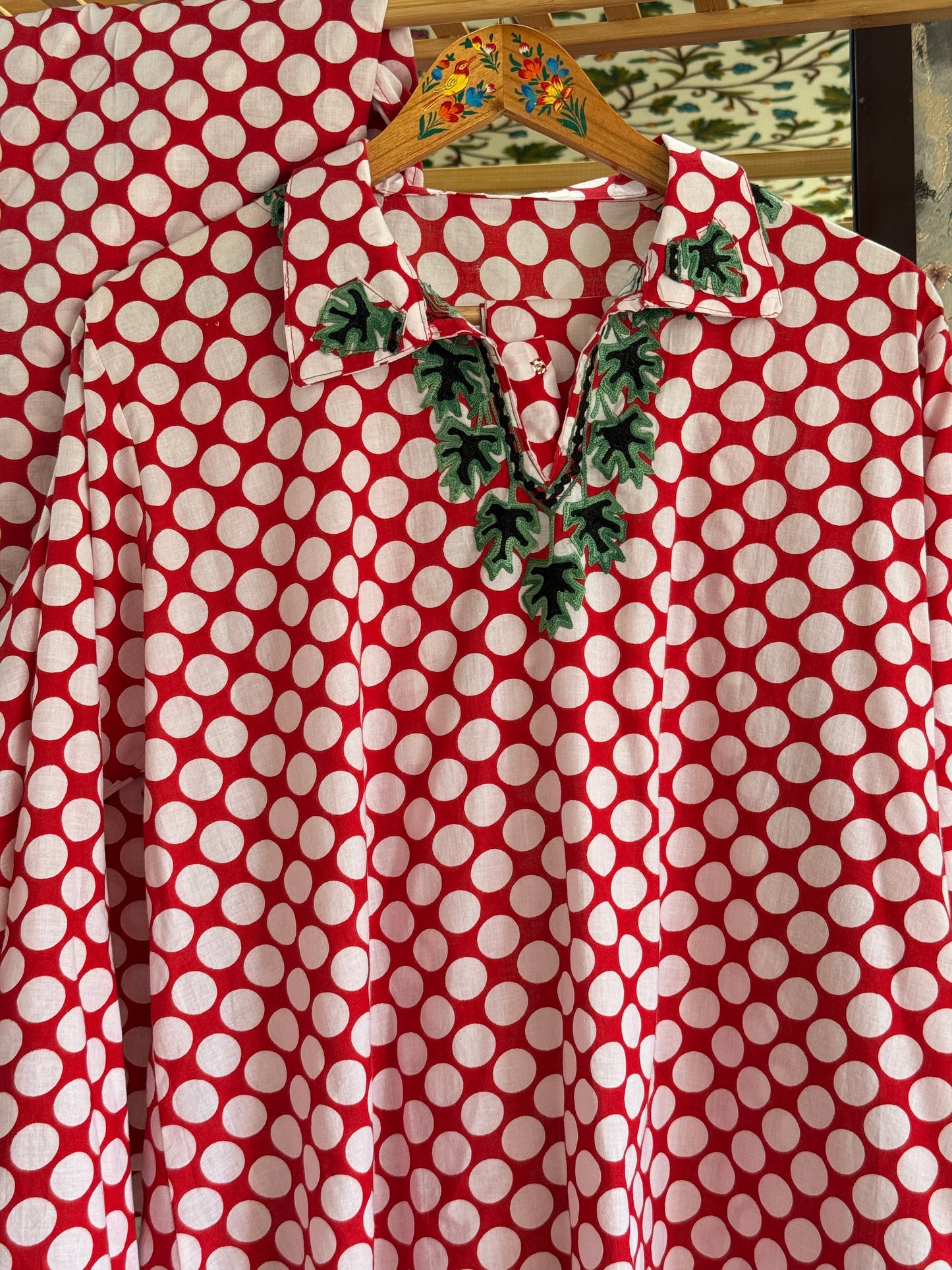 2 Piece Red and White Retro Polka Co Ord with Aari Collar and Neckline