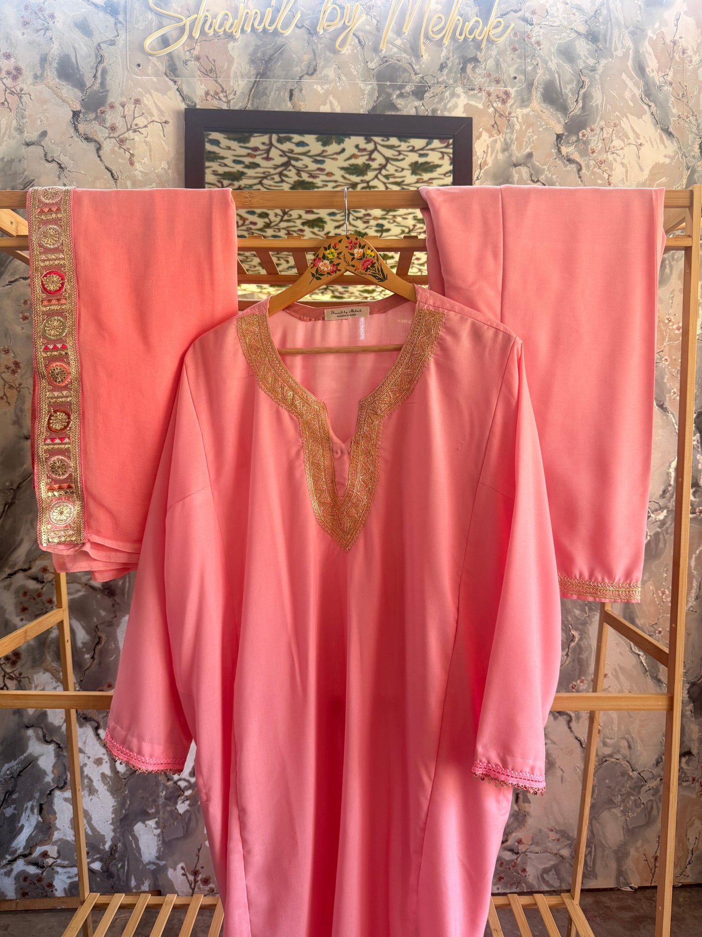 3-Piece Baby Pink Pheran Set with Hand Tilla and Complementary Lace