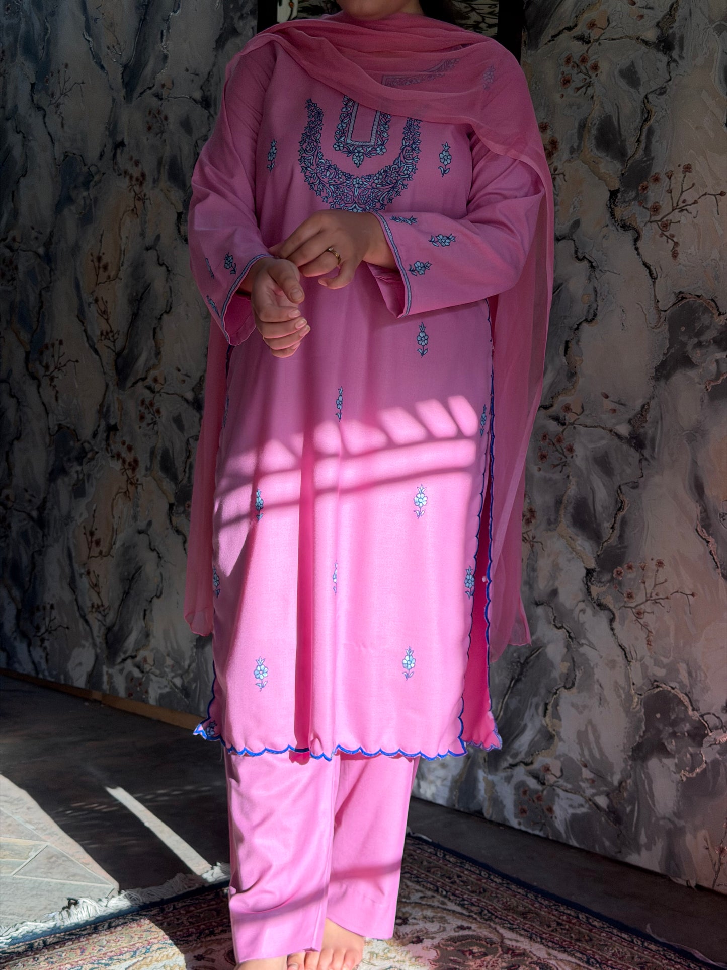3-Piece Taffy Pink Suit with Hand Sozni Work with Extensive Royal Blue Scalping + Half Pure Dupatta