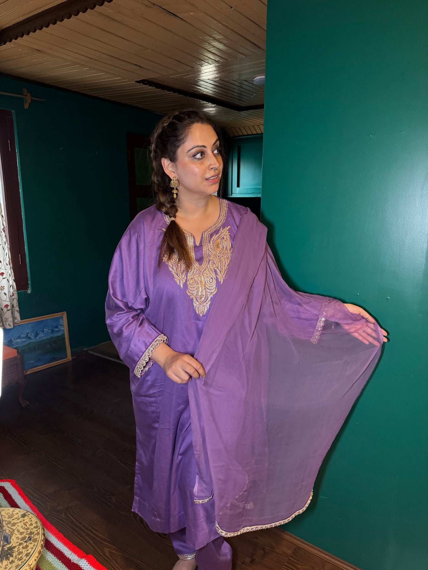 3-Piece Purple Pheran Set with Hand Tilla and Complementary Lace