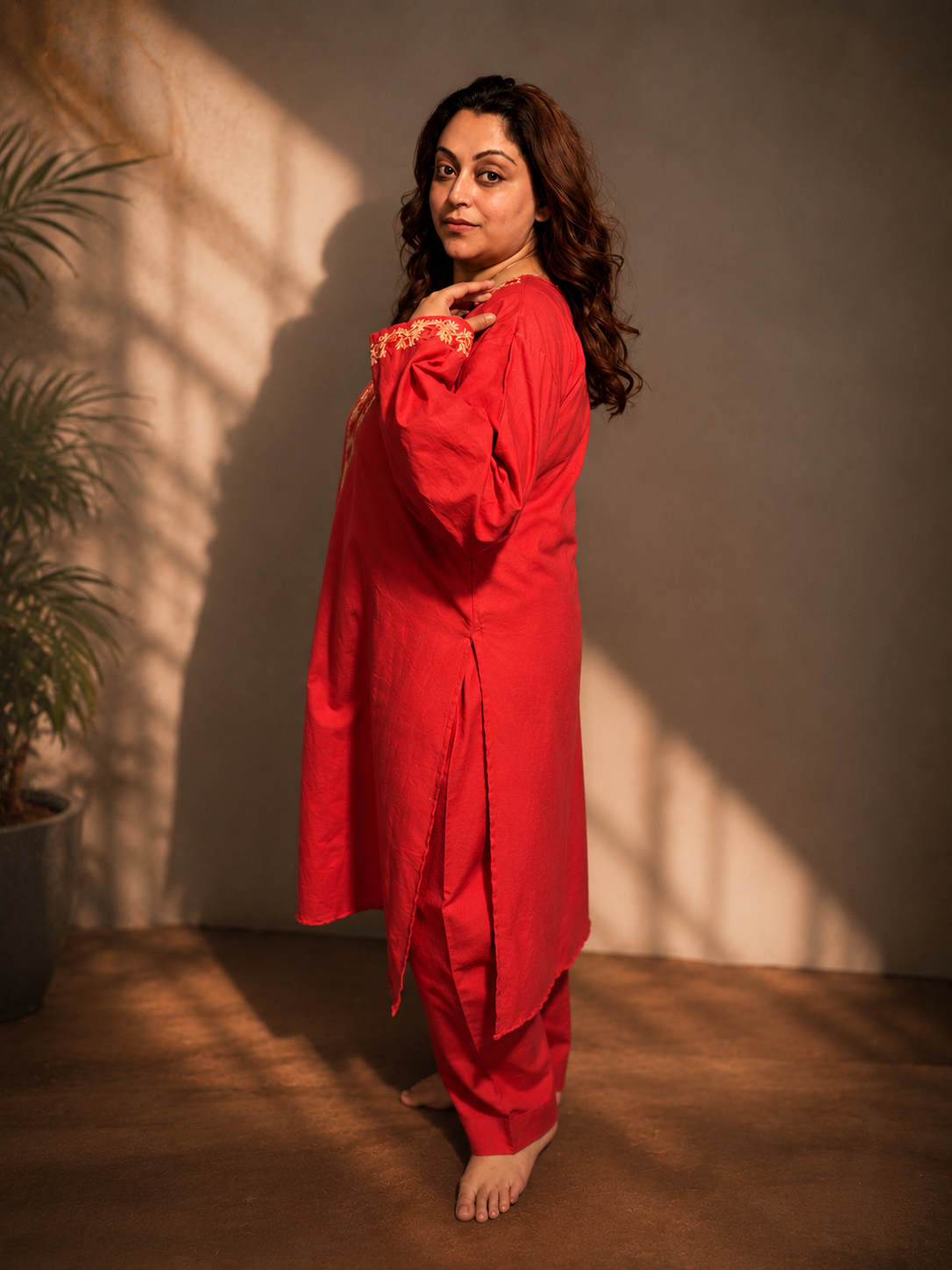 2-Piece Light Brick Aari Co-Ord Set with Scalping Work