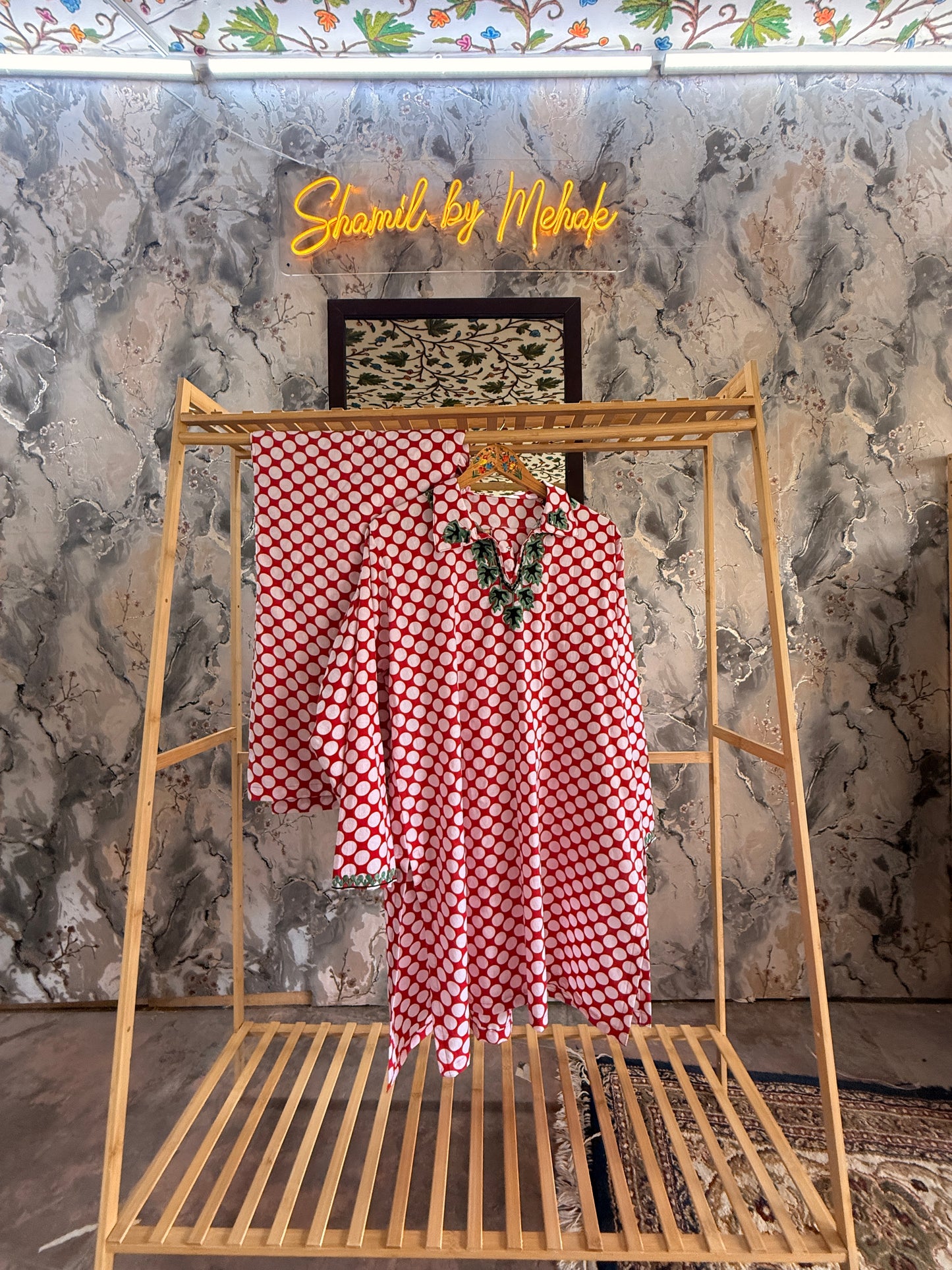 2 Piece Red and White Retro Polka Co Ord with Aari Collar and Neckline
