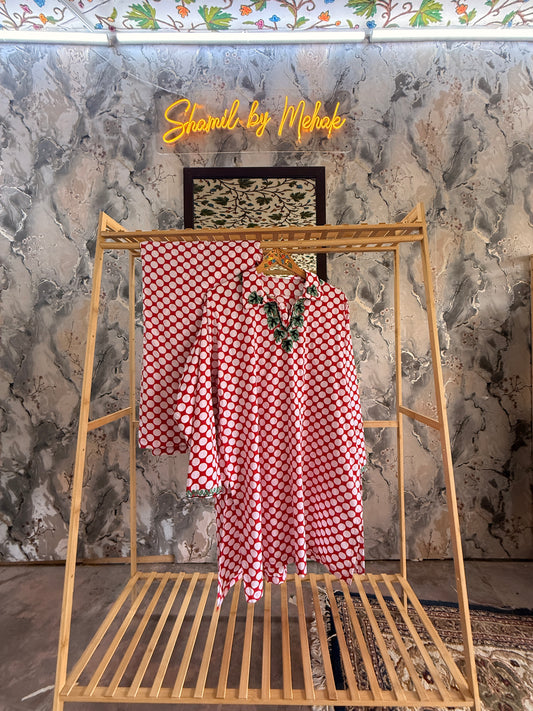 2 Piece Red and White Retro Polka Co Ord with Aari Collar and Neckline