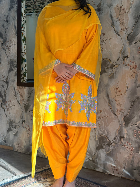 3-Piece Mango Yellow Suit with Hand-Embroidered Aari Work