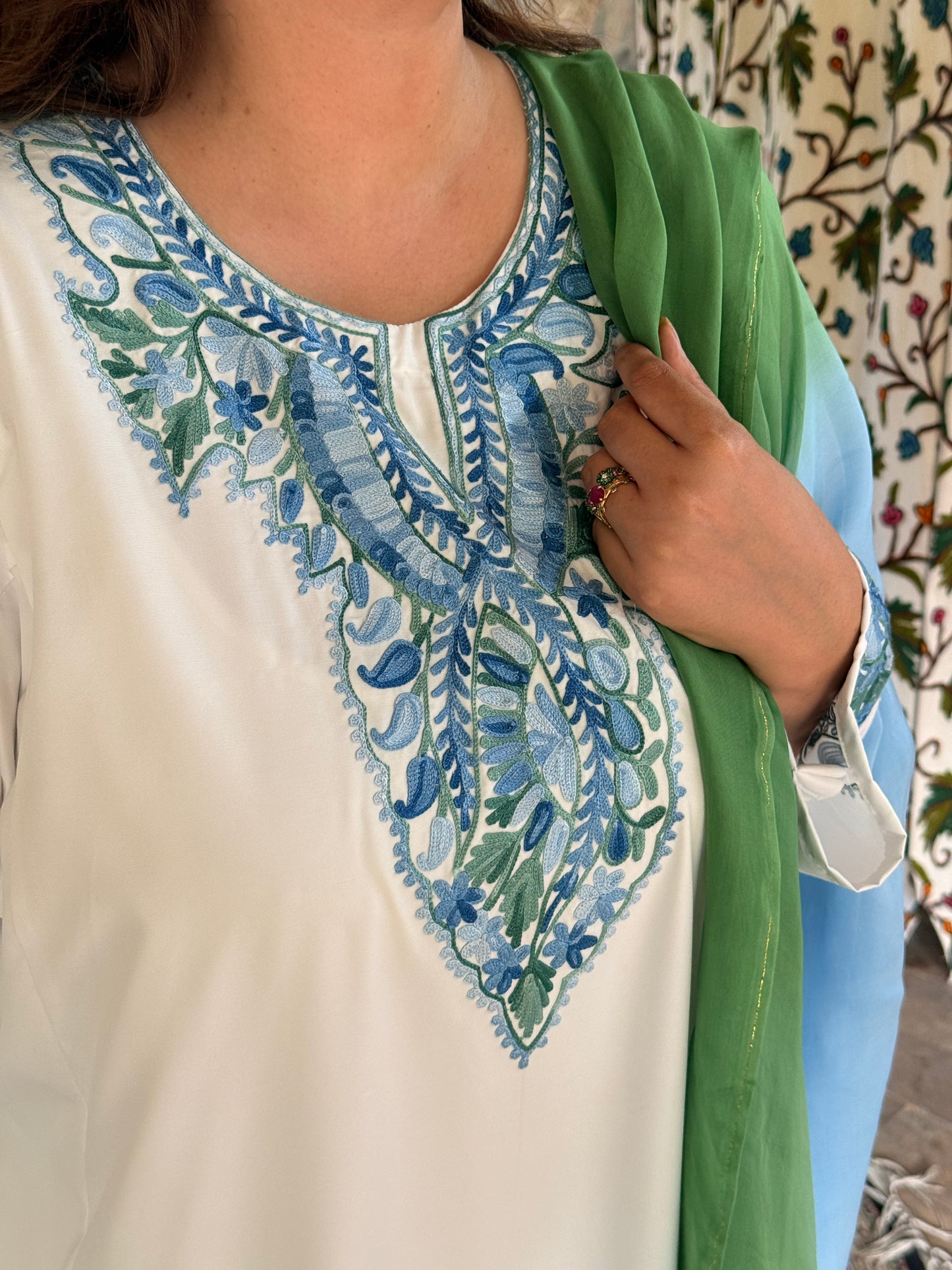 3-Piece White Summer Pheran Suit with Mint & Blue Aari Work