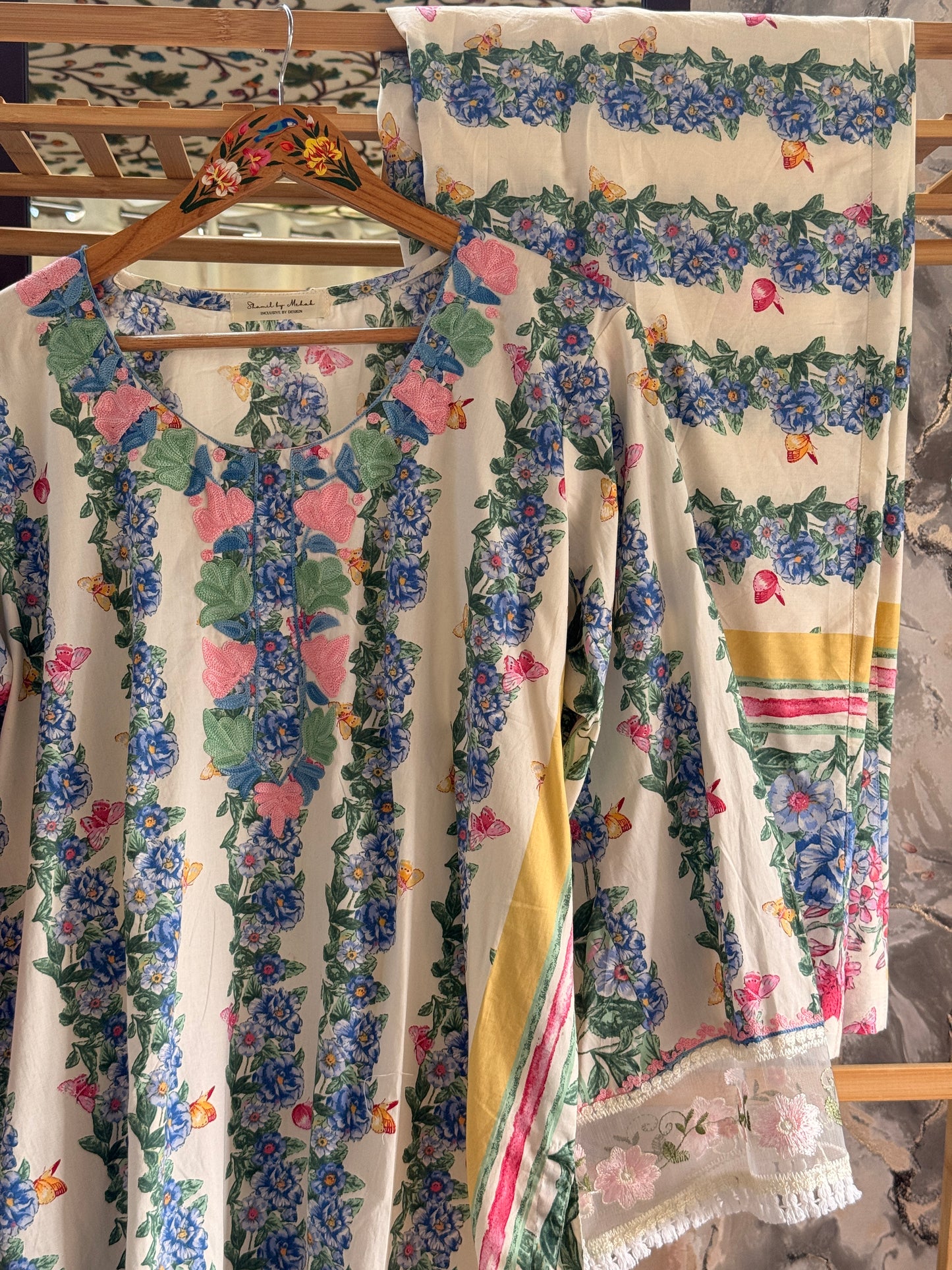 3-Piece Butterfly Floral Co Ord with Aari Work; and Complementary Floral Lace